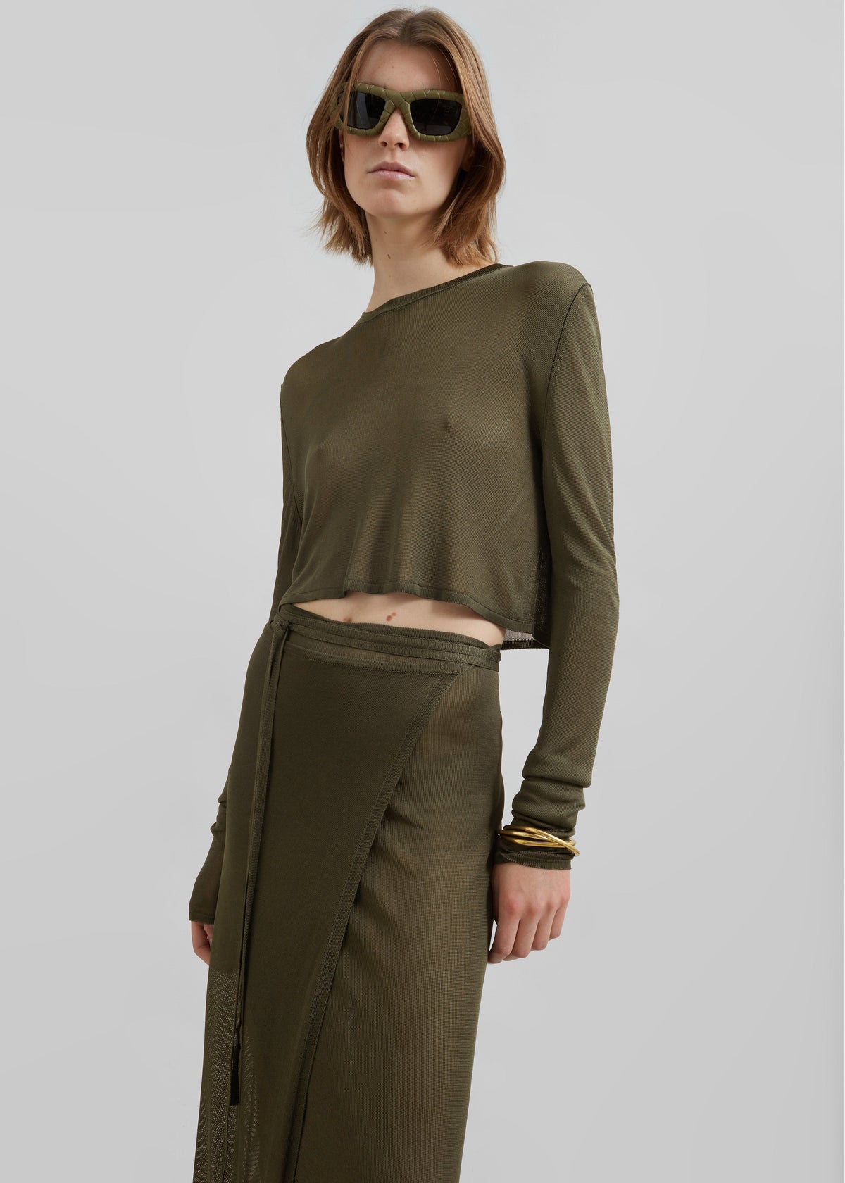 Kazel Cropped Thin Knit Top - Khaki - 2
