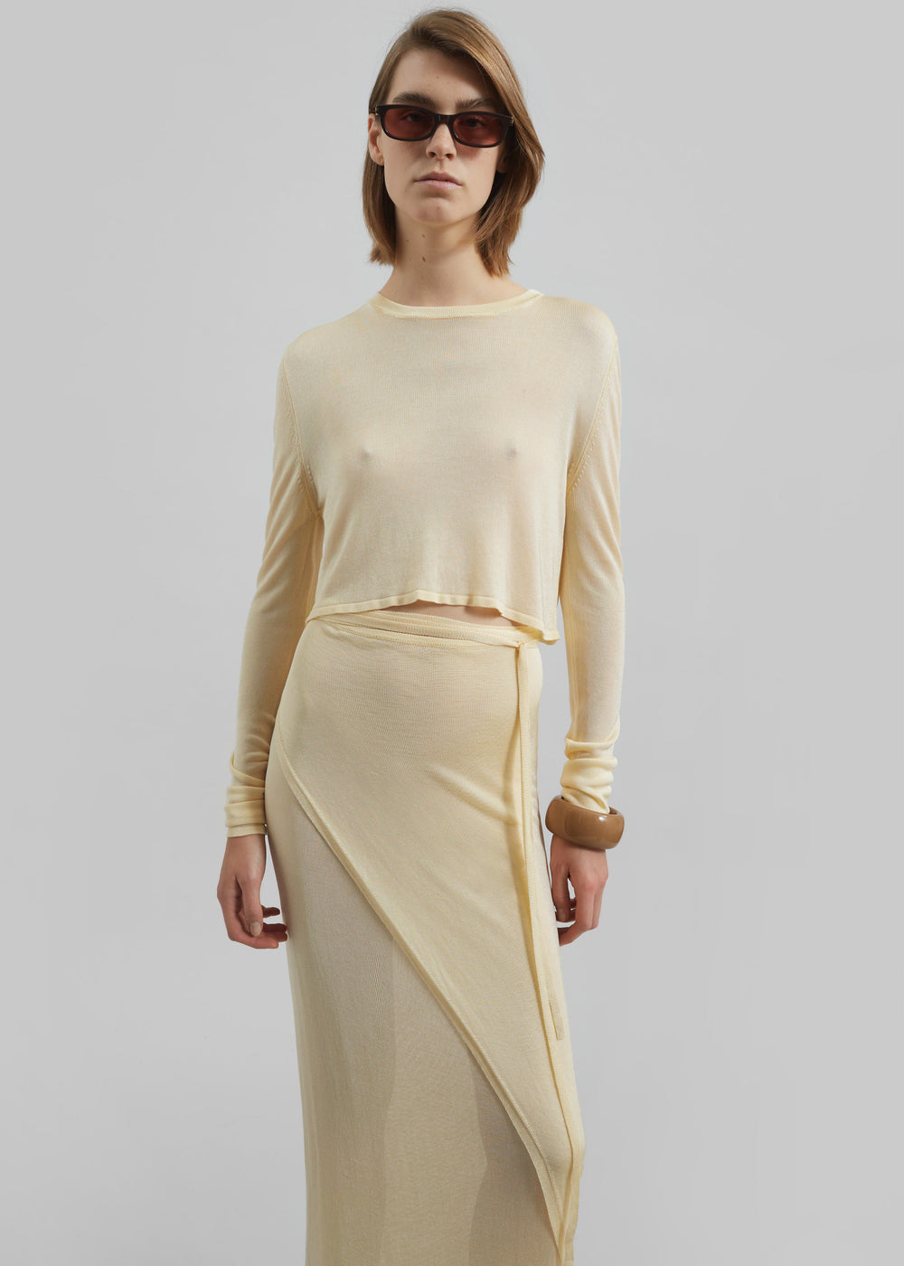 Kazel Cropped Thin Knit Top - Pale Yellow