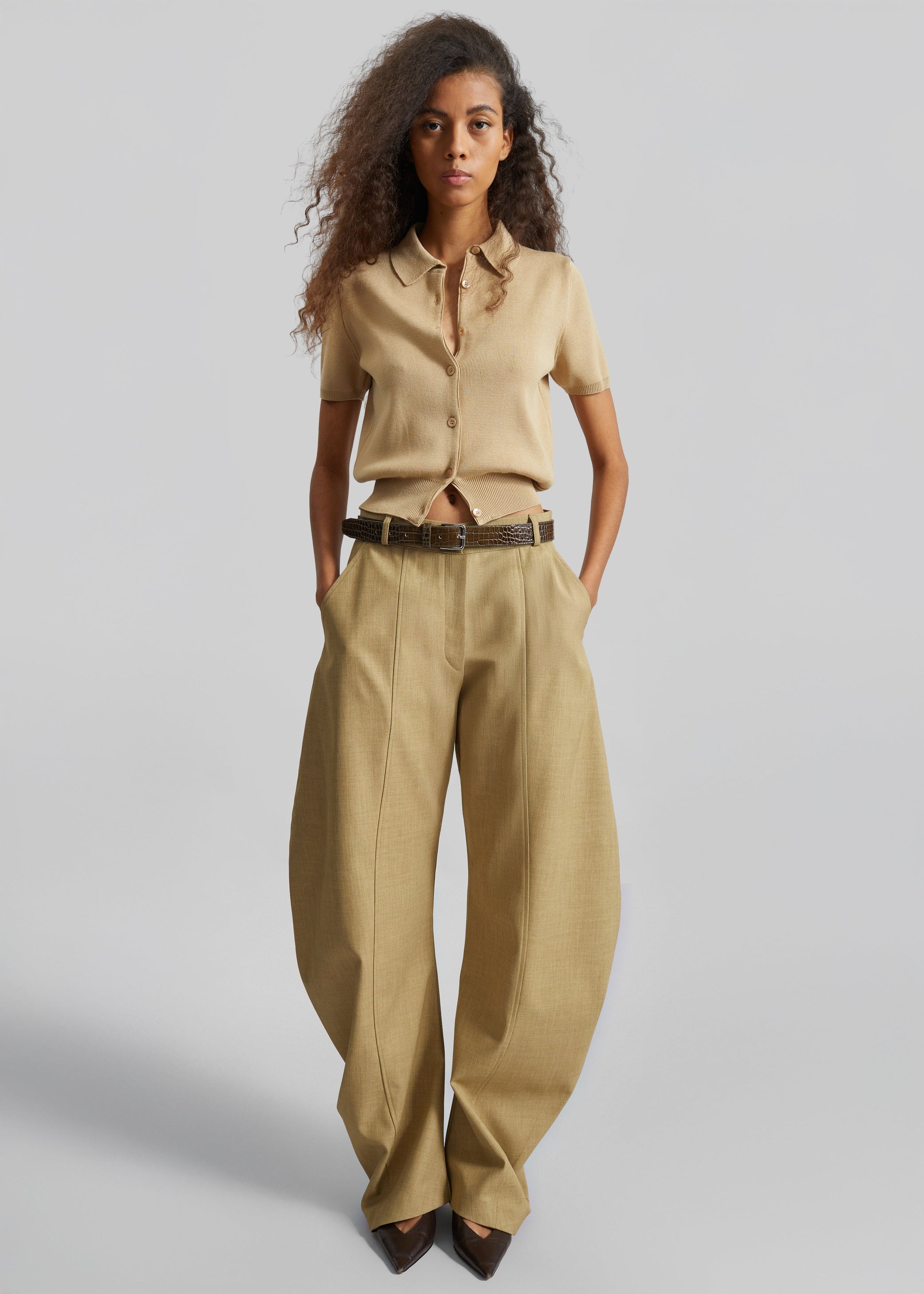 Shop the look image for Keasden Barrel Leg Trousers - Camel