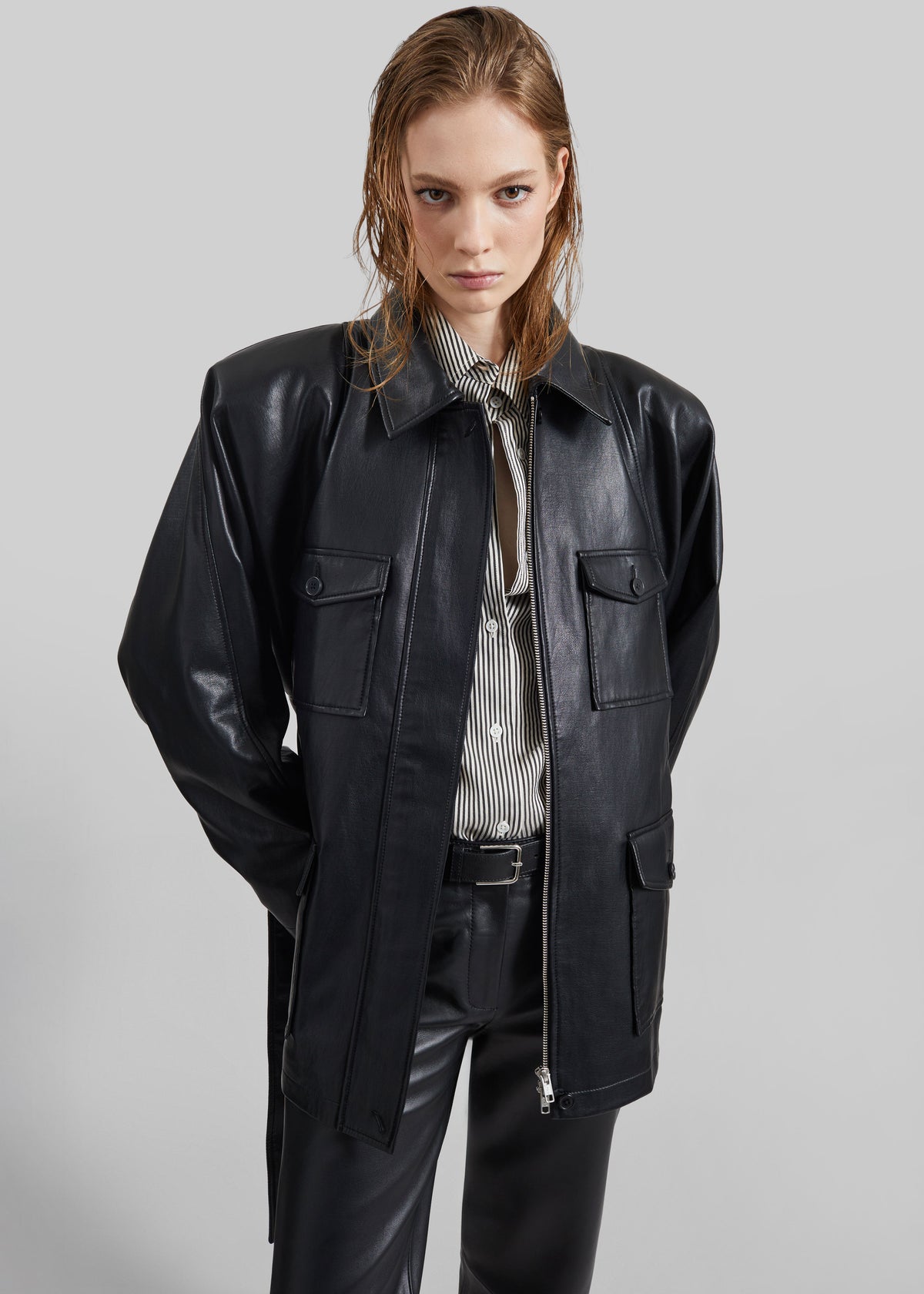 Kelia Faux Leather Padded Utility Jacket - Black - 8