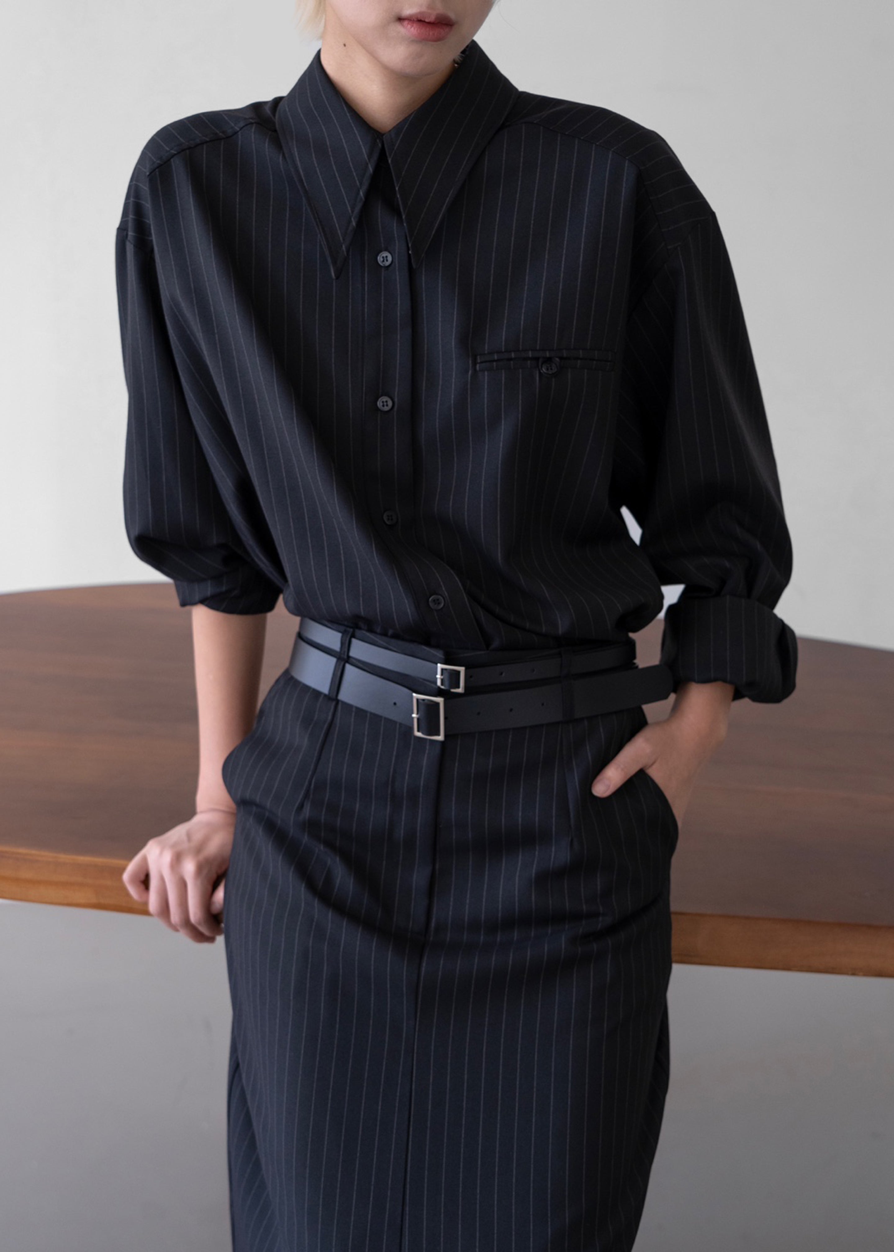 Kerry Button Up Shirt - Black Pinstripe - 15