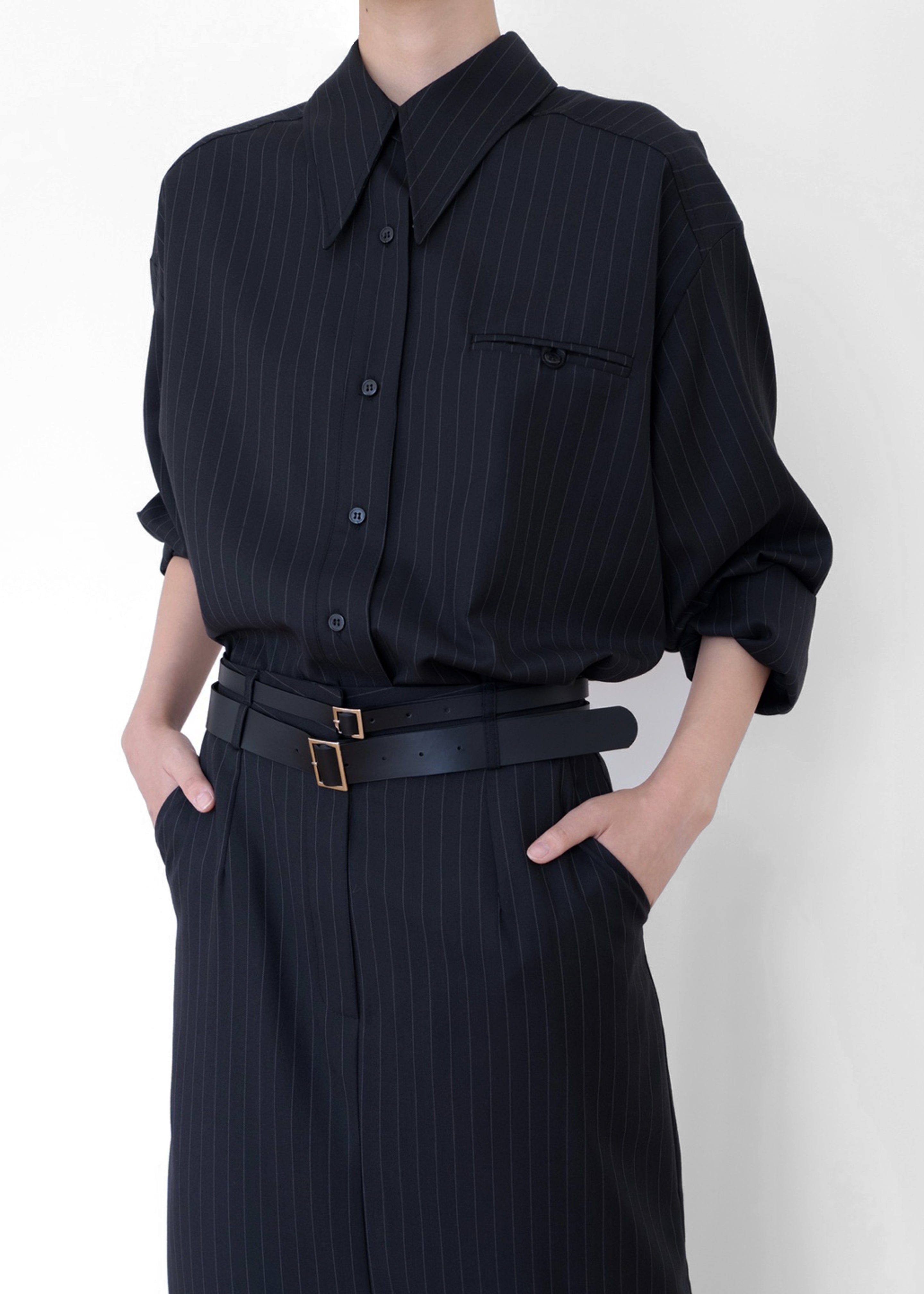 Kerry Button Up Shirt - Black Pinstripe - 18