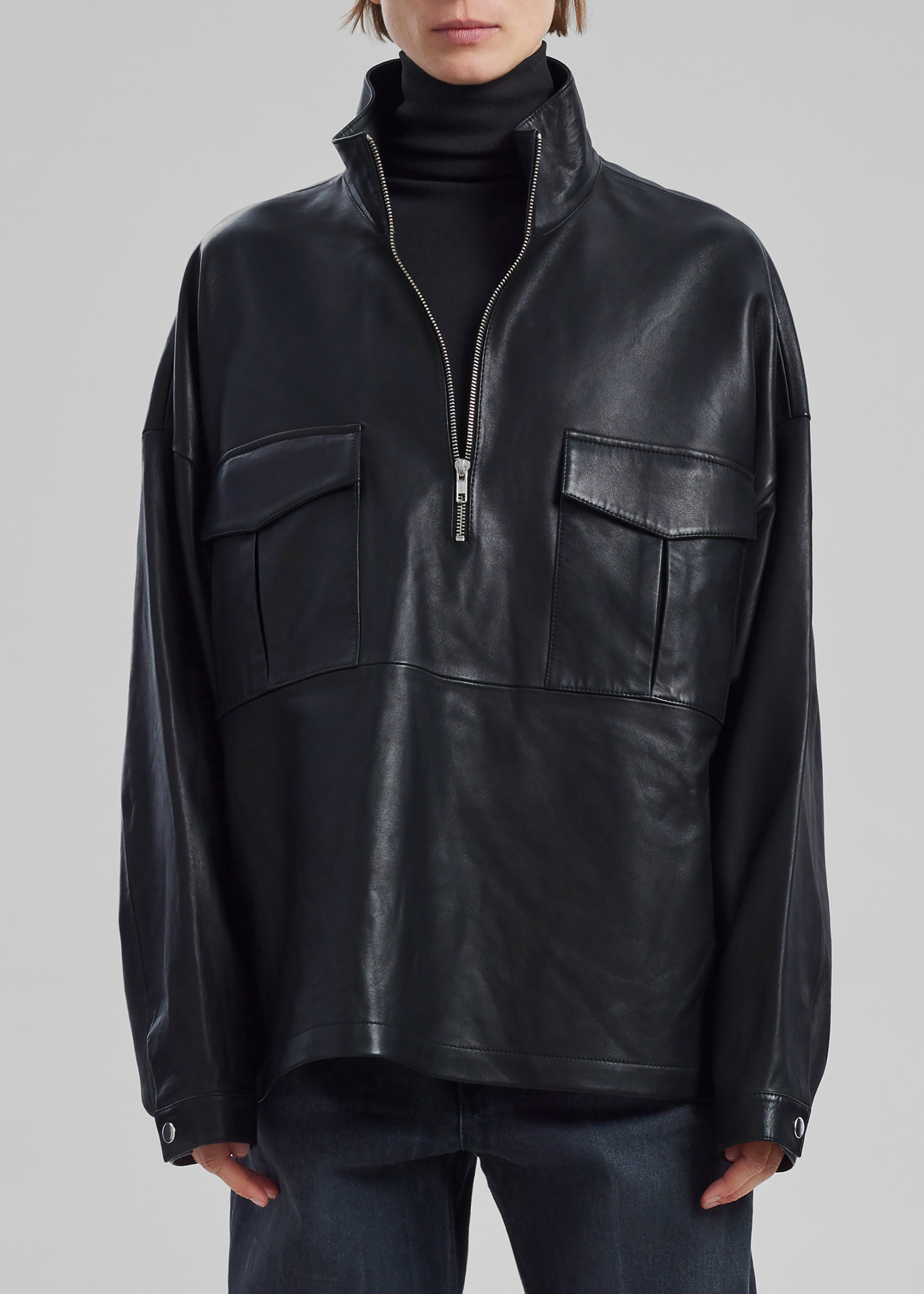 Kevin Leather Half Zip Shirt - Black - 3