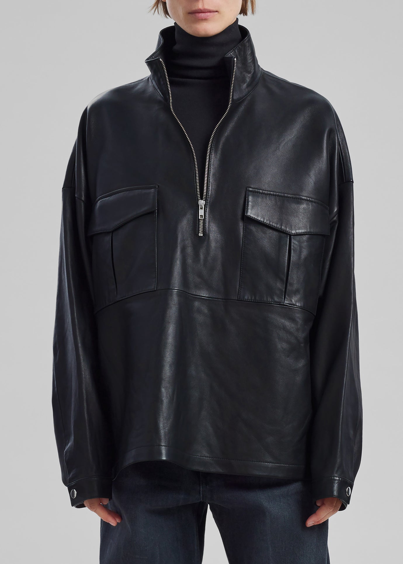 Kevin Leather Half Zip Shirt - Black - 1