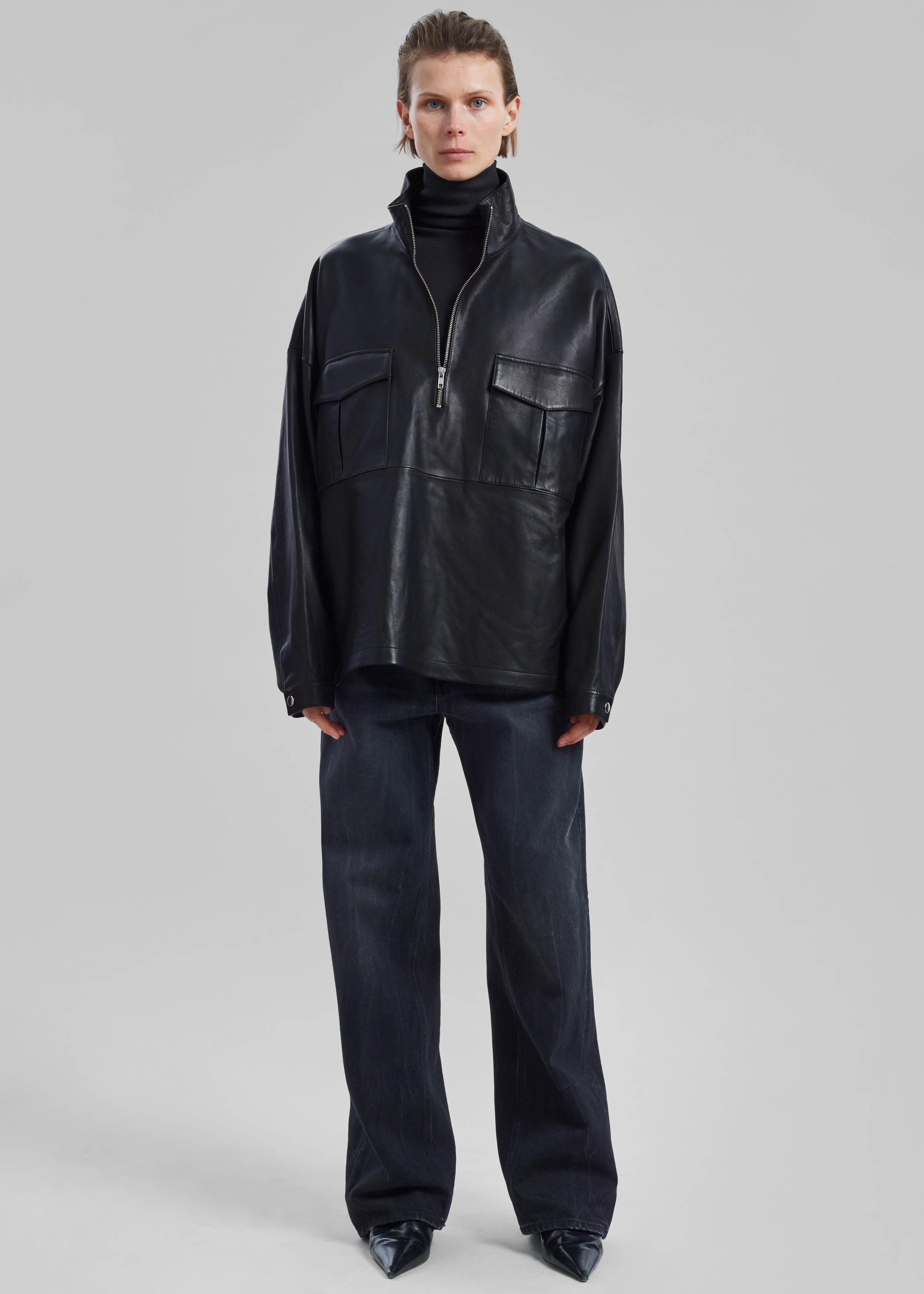 Kevin Leather Half Zip Shirt - Black - 7