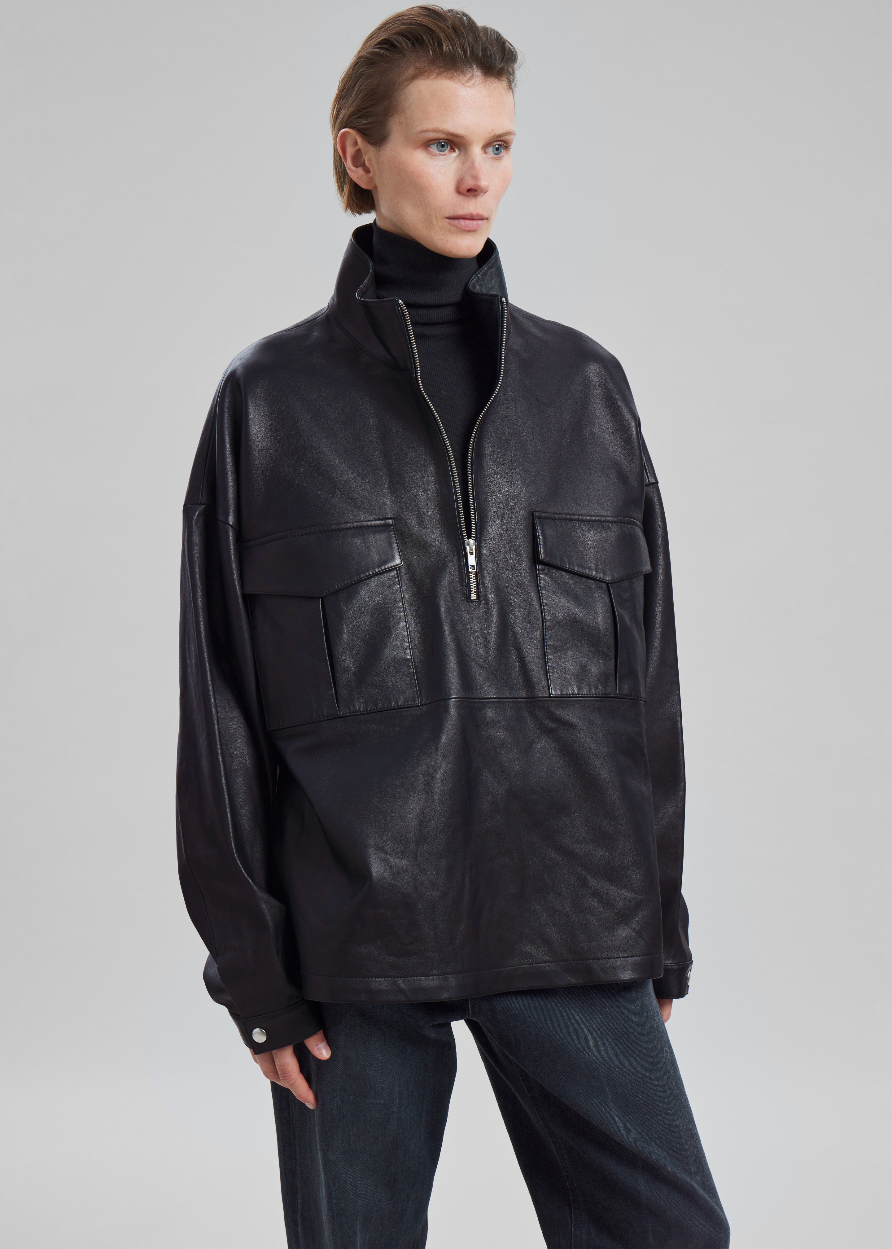 Kevin Leather Half Zip Shirt - Black - 2