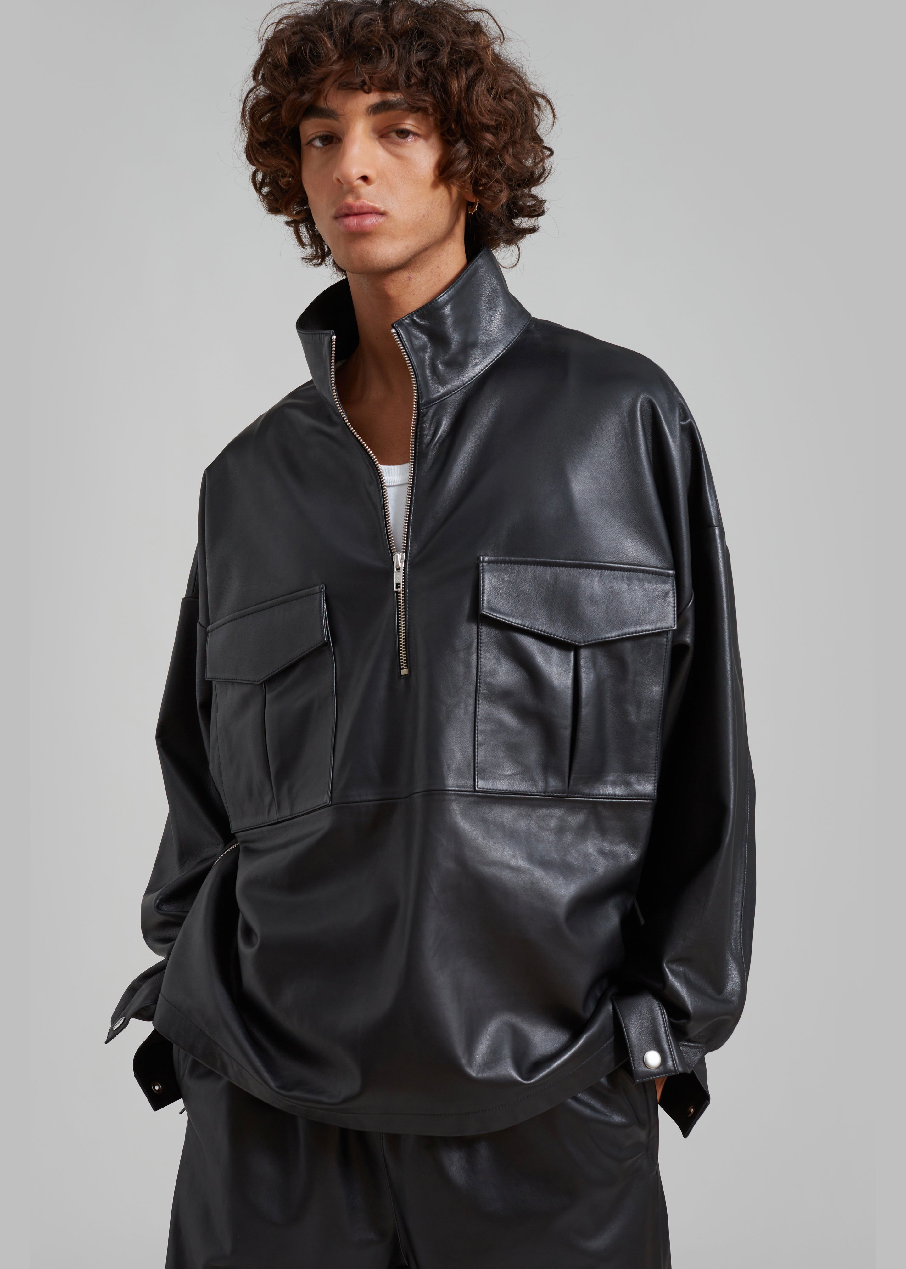Kevin Leather Half Zip Shirt - Black - 12 - [gender-male]