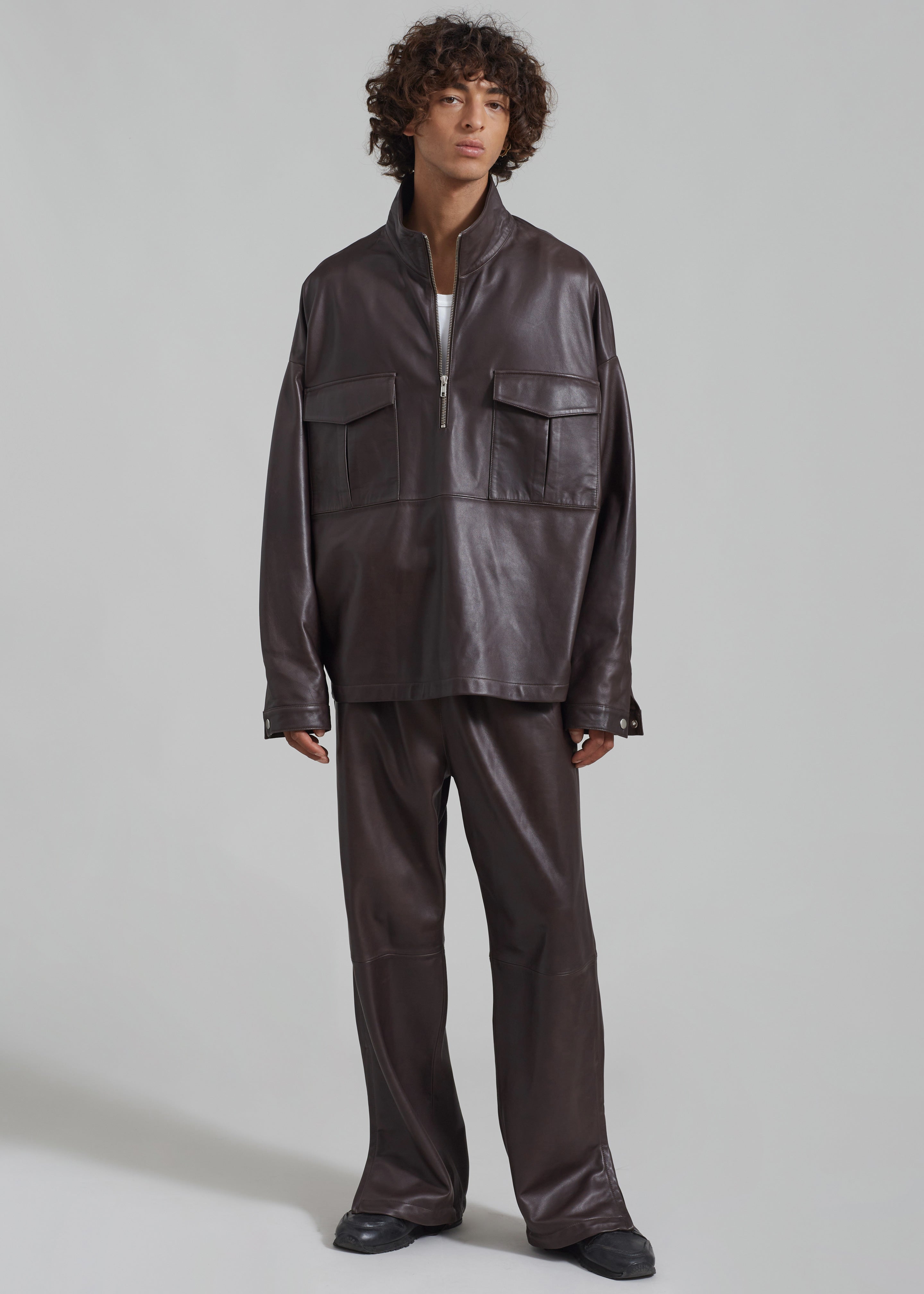 Kevin Leather Half Zip Shirt - Brown - 14 - [gender-male]
