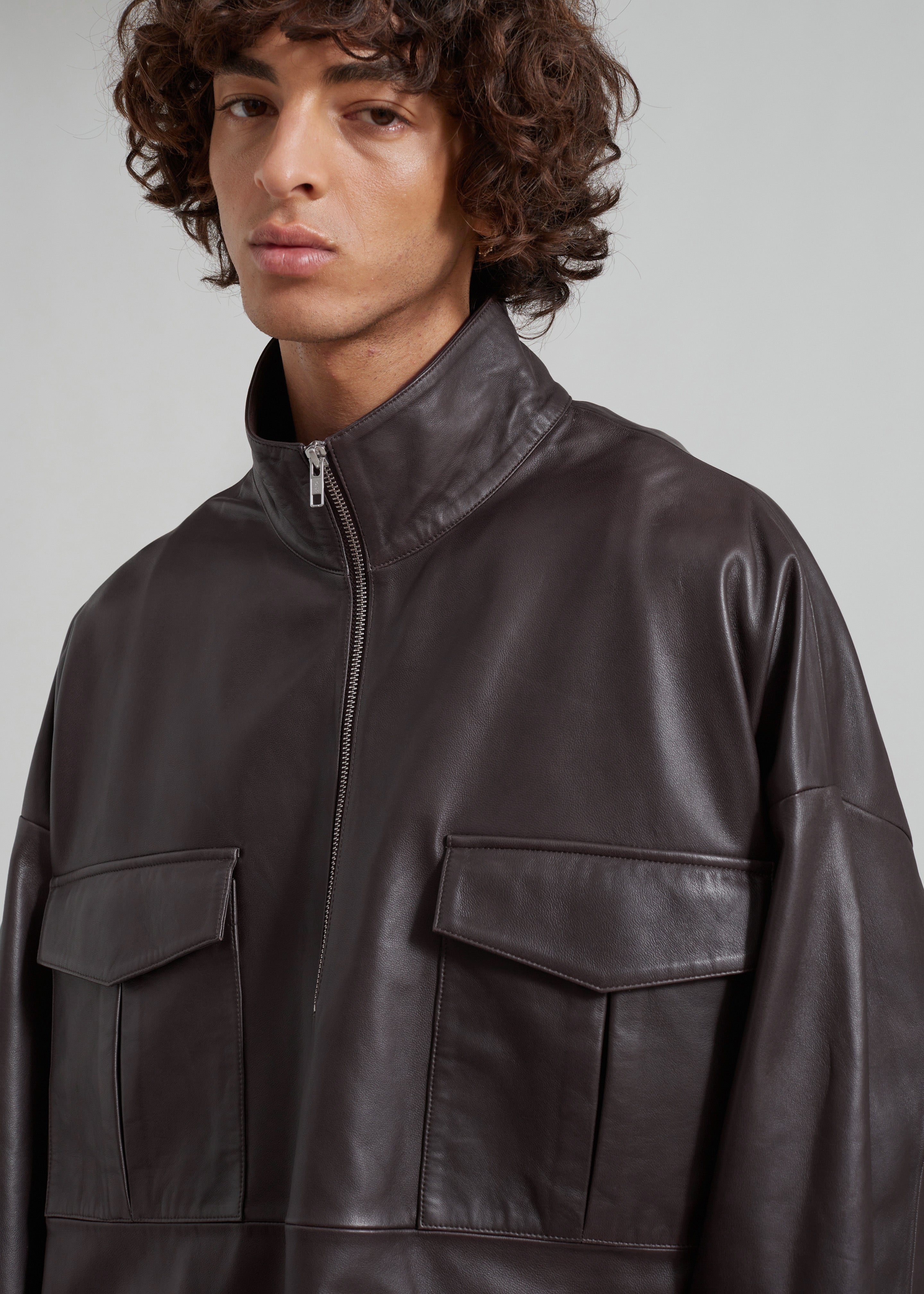 Kevin Leather Half Zip Shirt - Brown - 15