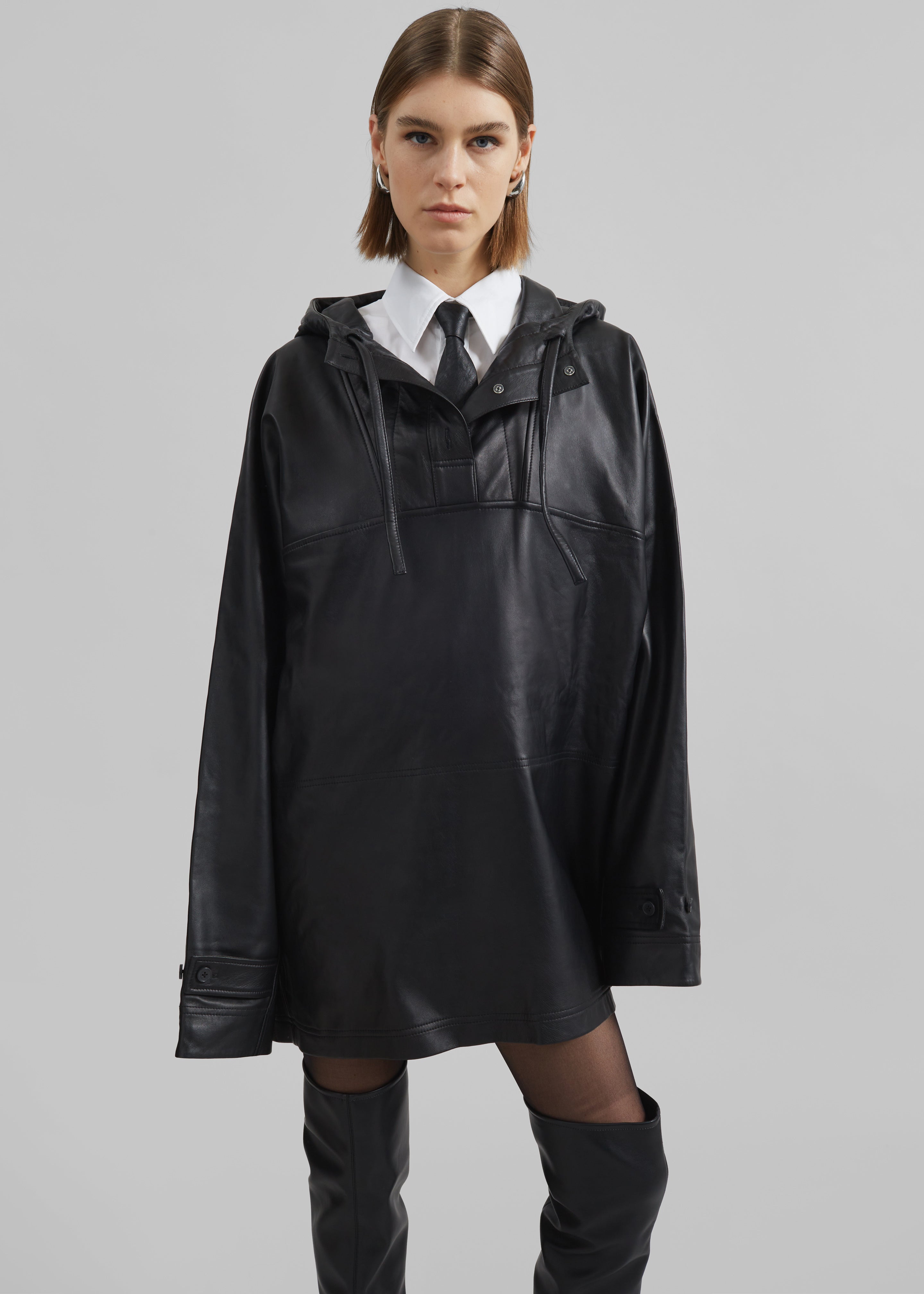 Kevin Leather Hooded Overshirt - Black - 1