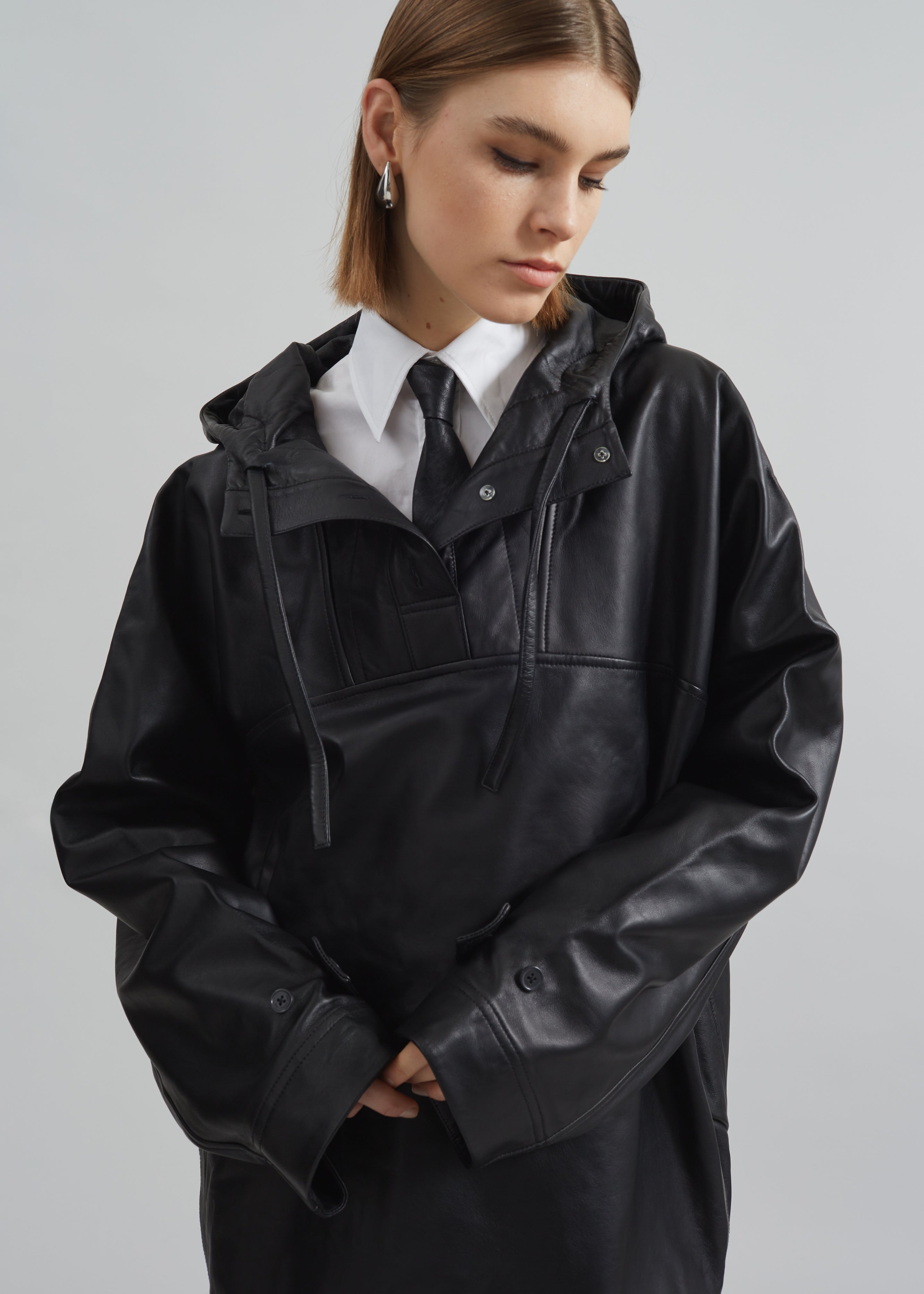 Kevin Leather Hooded Overshirt - Black - 3