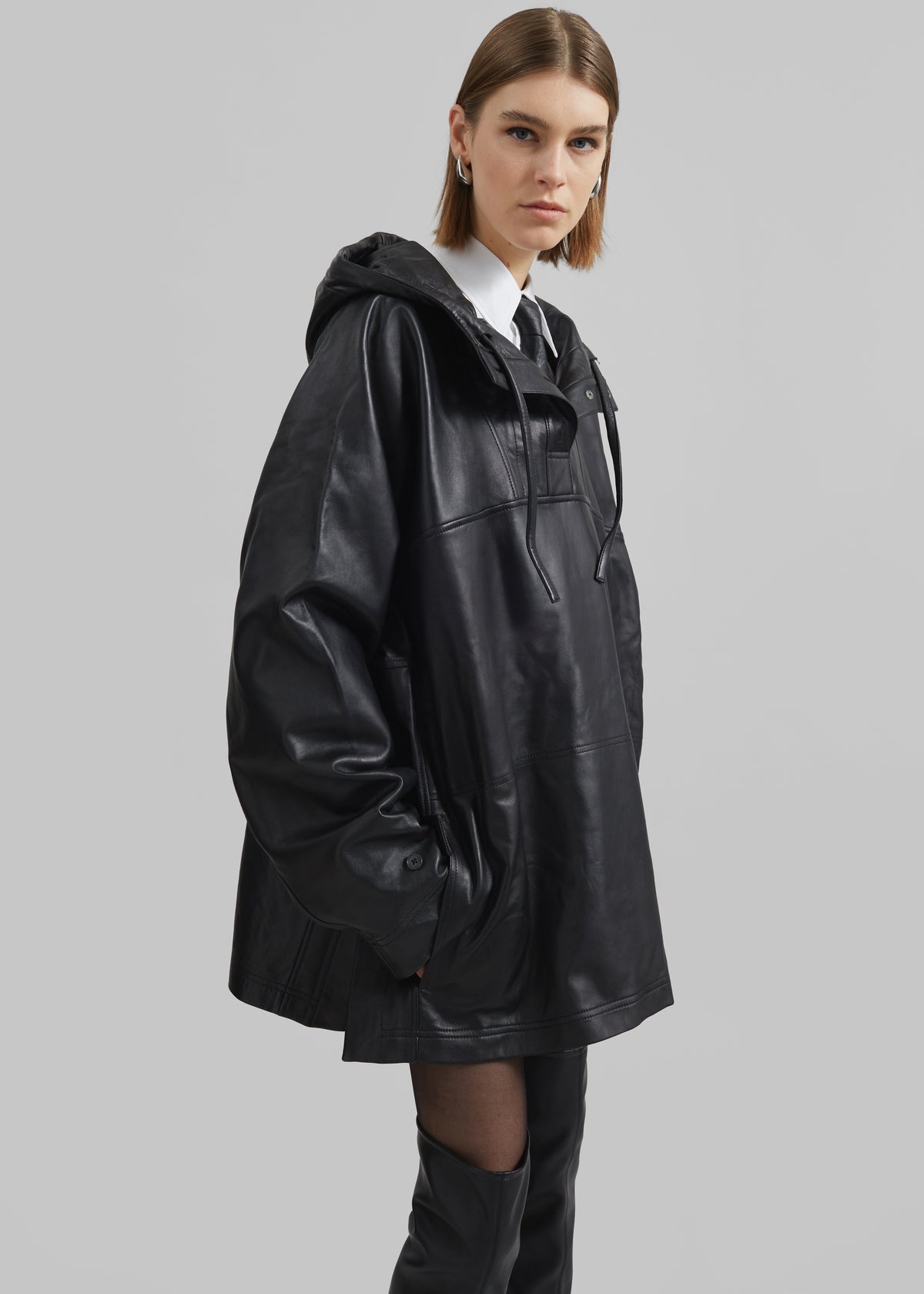 Kevin Leather Hooded Overshirt - Black - 5