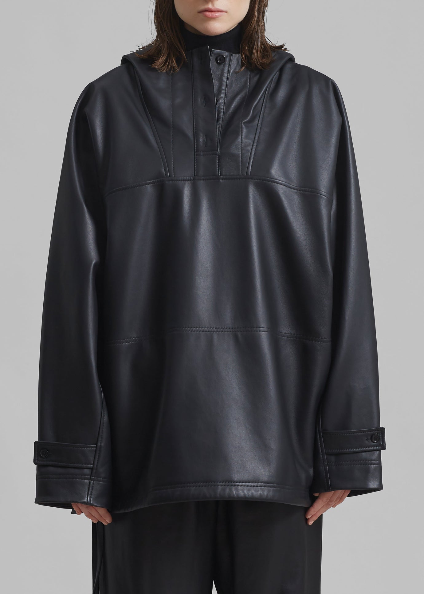 Kevin Leather Hooded Overshirt - Black - 1
