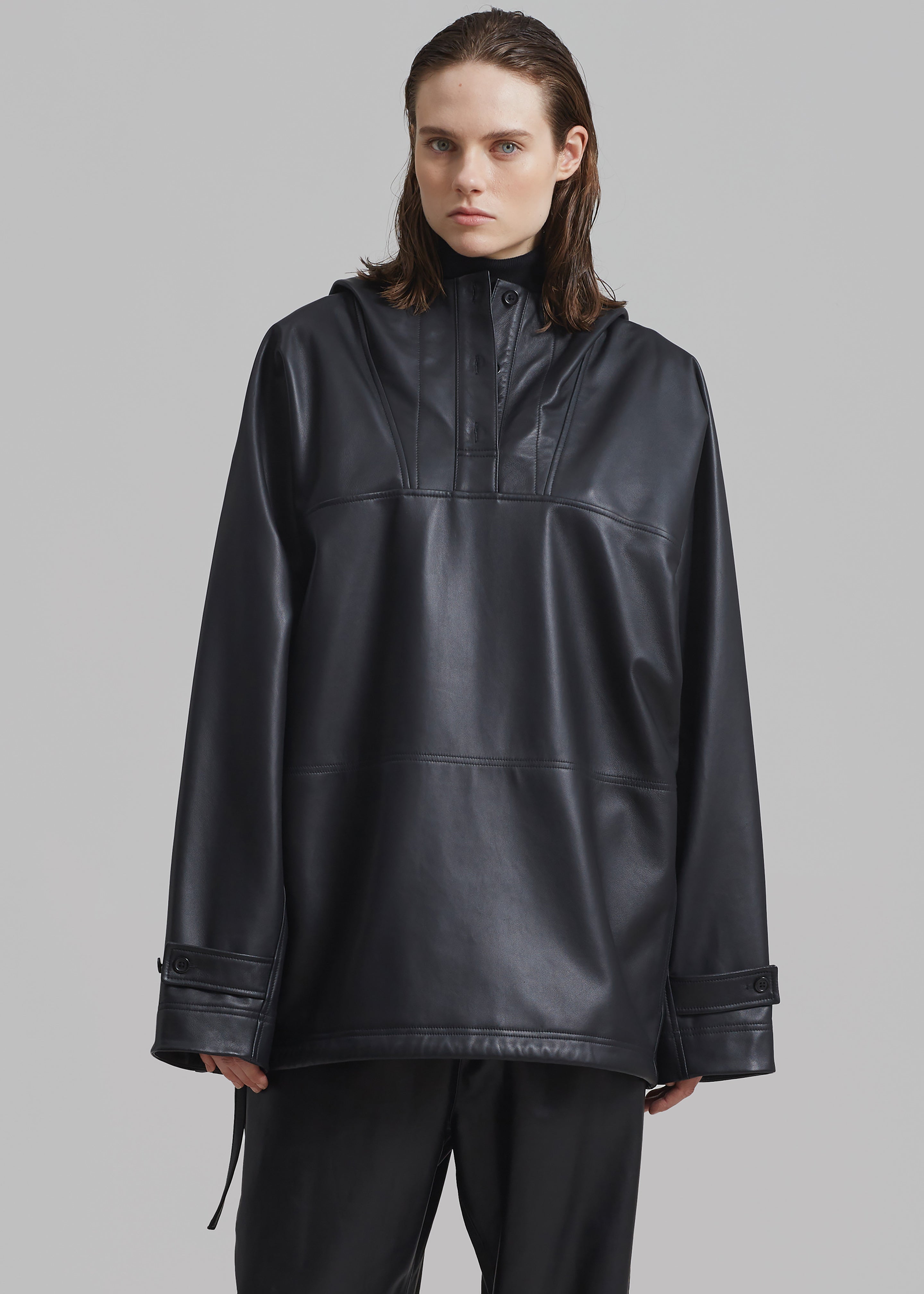 Kevin Leather Hooded Overshirt - Black - 3