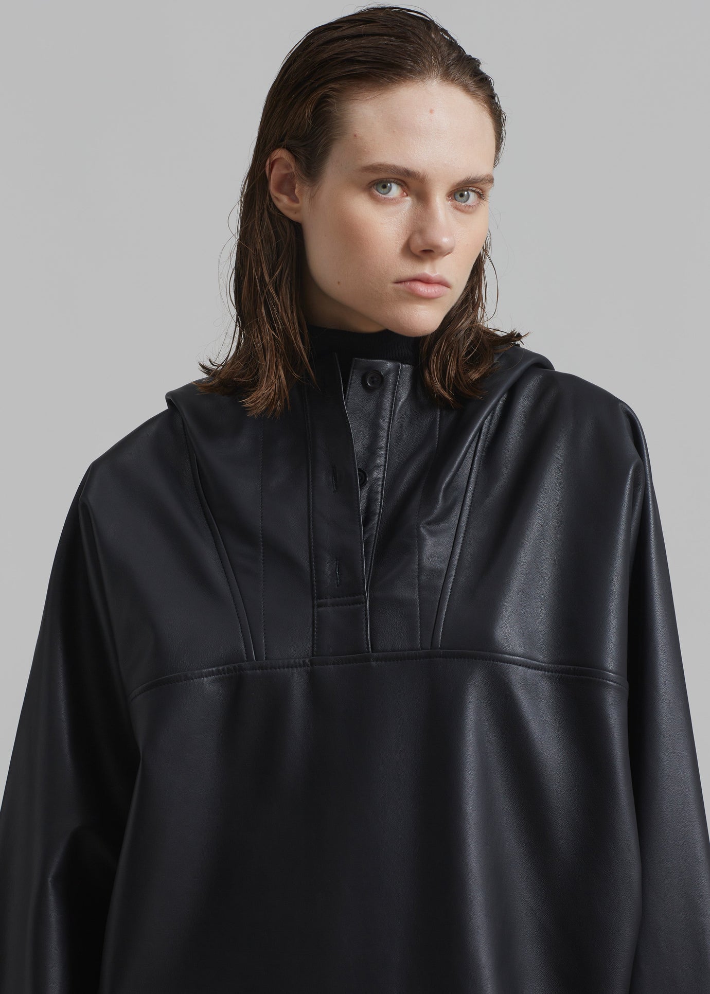 Kevin Leather Hooded Overshirt - Black