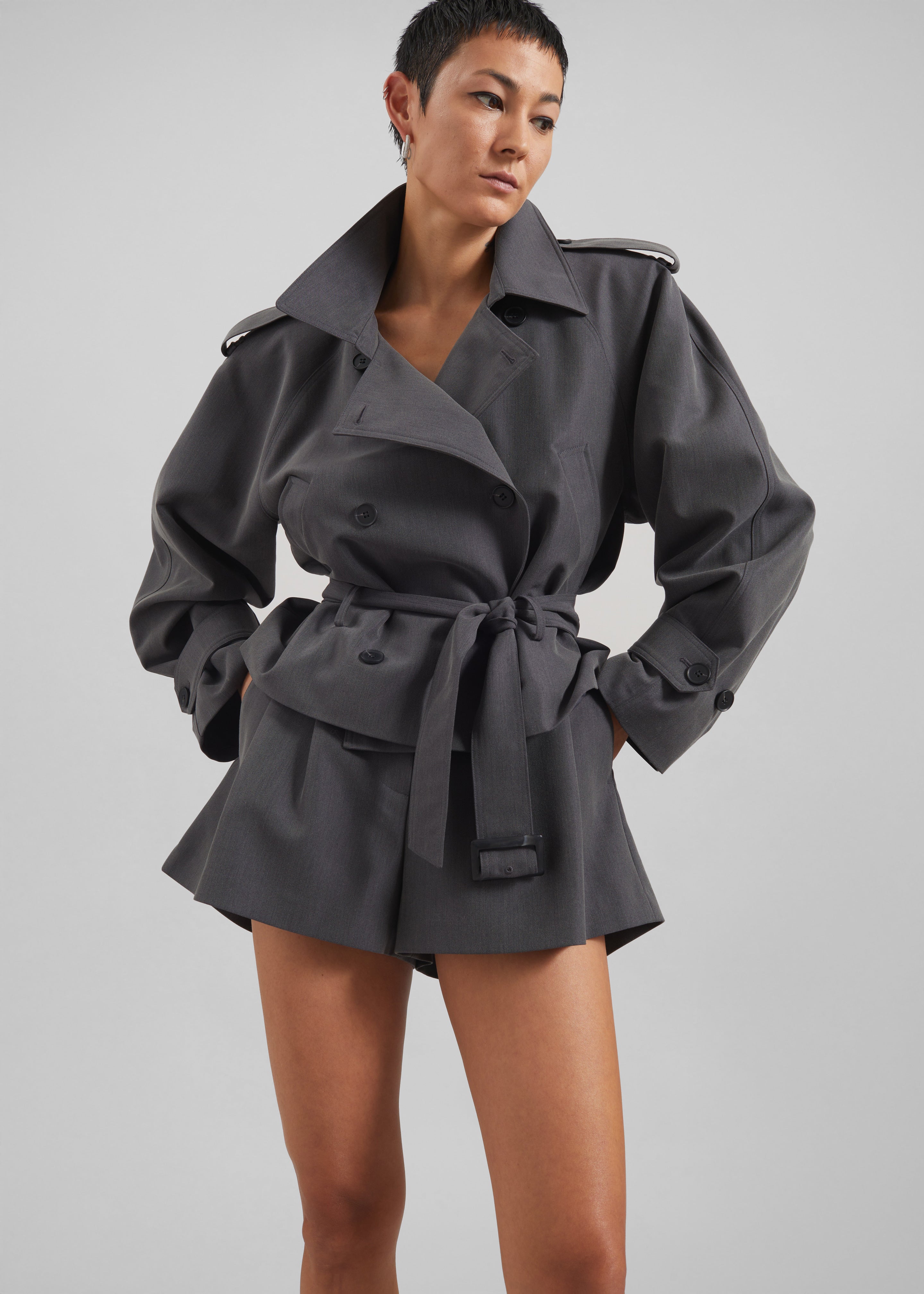 Kinsley Cropped Trench Jacket - Grey - 1