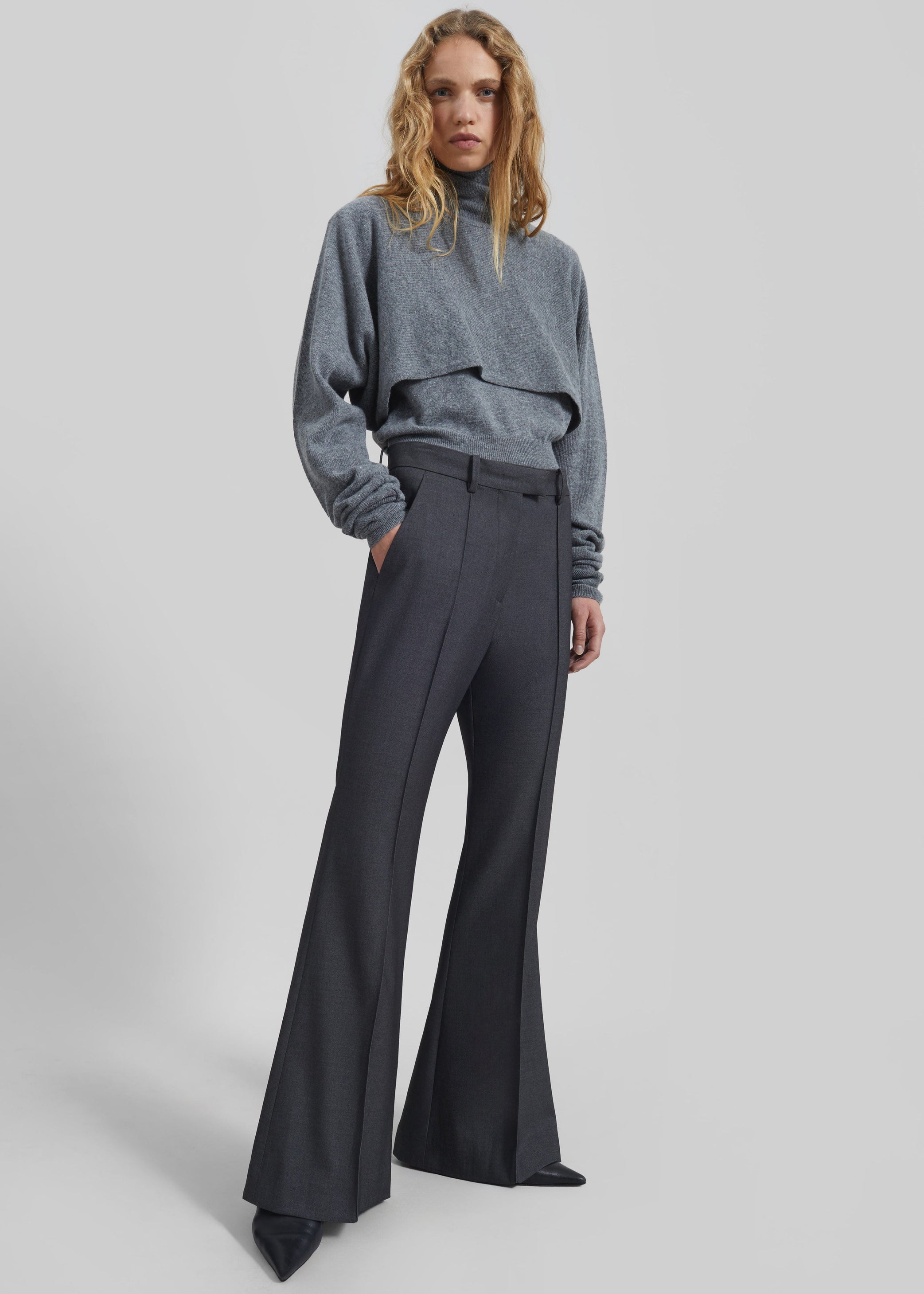 Shop the look image for Kvale Pintuck Flared Trousers - Dark Grey