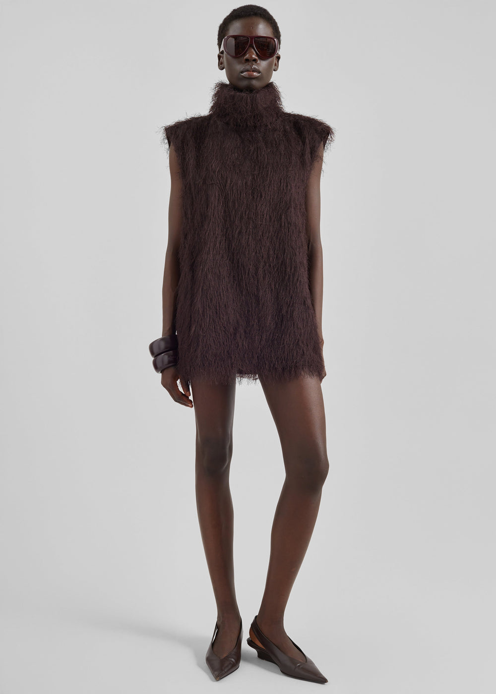 Lancy Fringed Funnel Neck Dress - Dark Brown