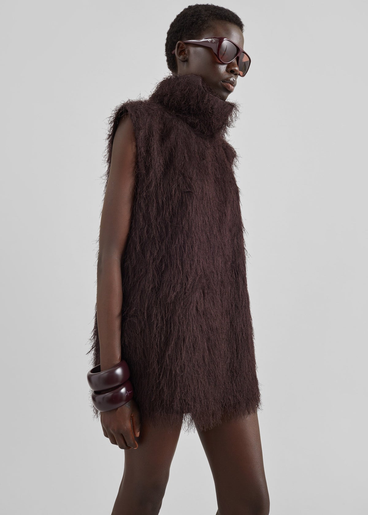 Lancy Fringed Funnel Neck Dress - Dark Brown - 6