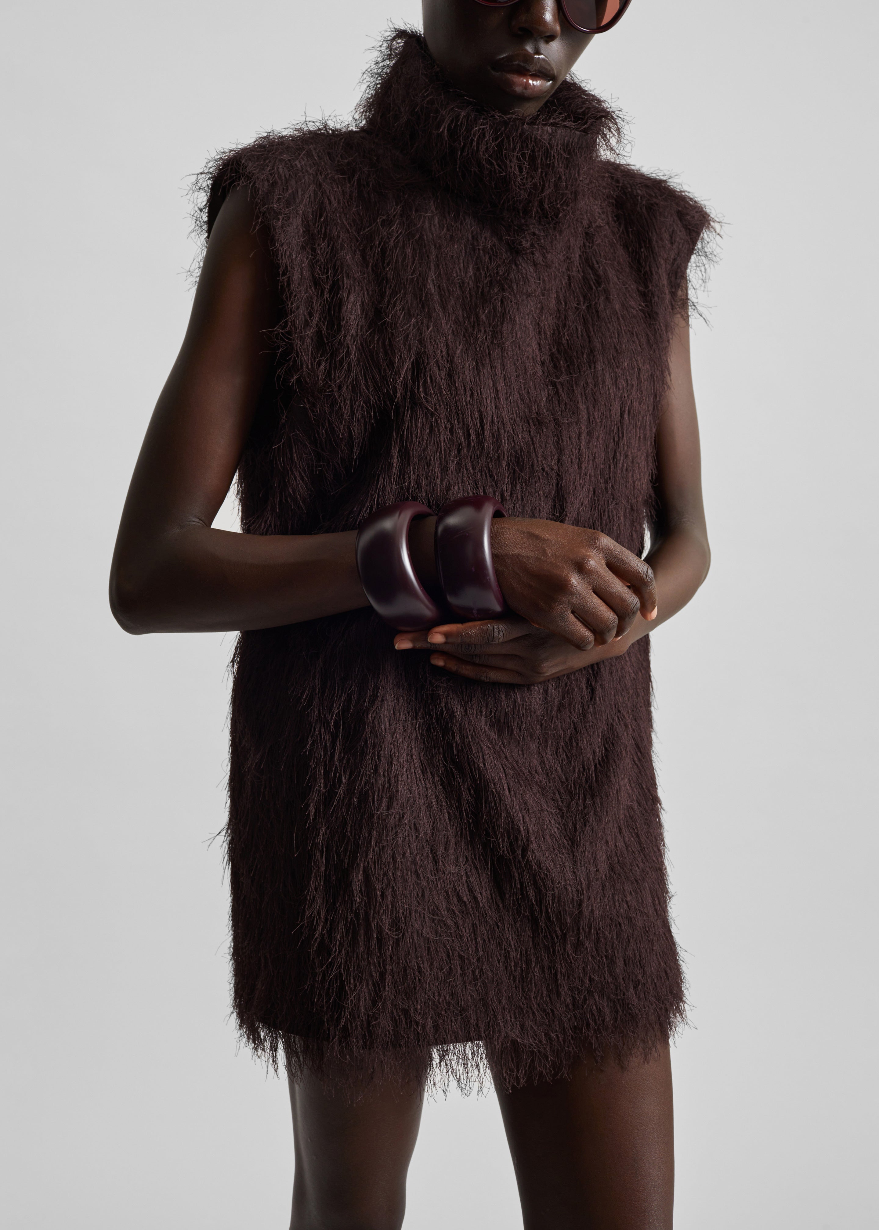 Lancy Fringed Funnel Neck Dress - Dark Brown - 2