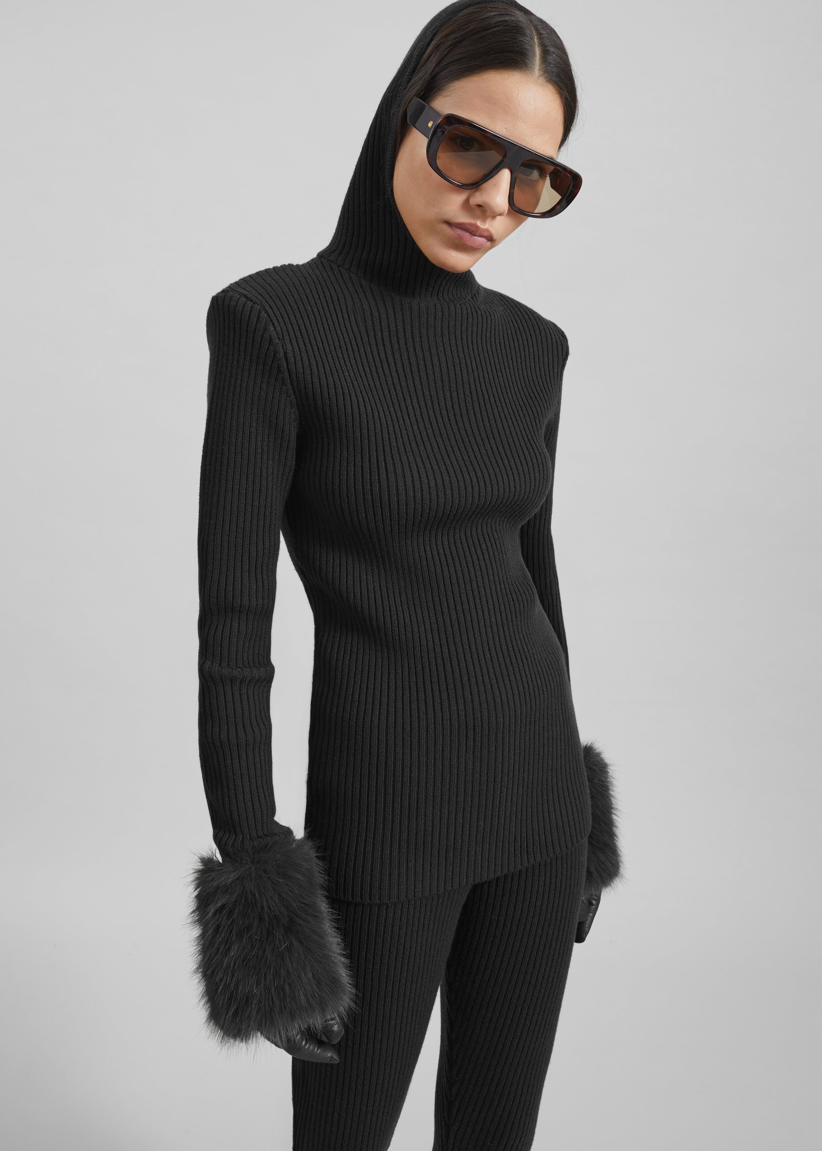 Larice Hooded Knit Top - Black - 1