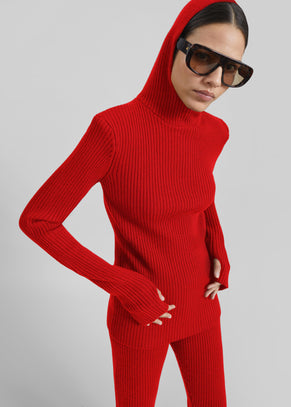 Larice Hooded Knit Top - Red