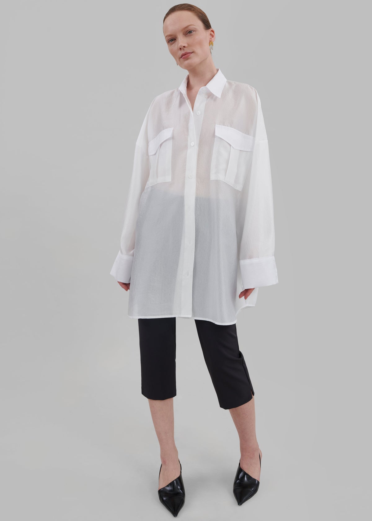 Laure Oversized Sheer Button Up Shirt - White - 6