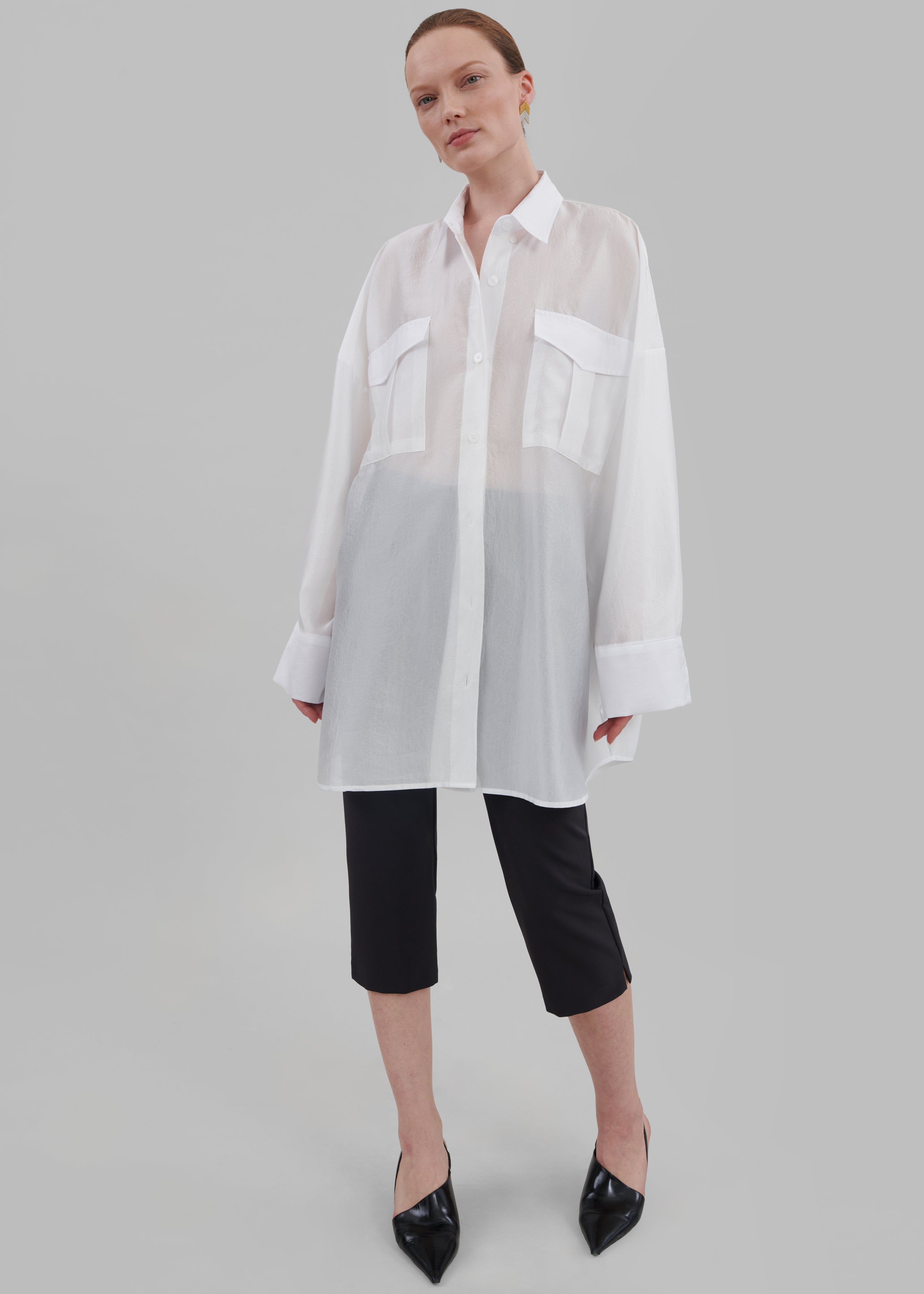 Laure Oversized Sheer Button Up Shirt - White - 6