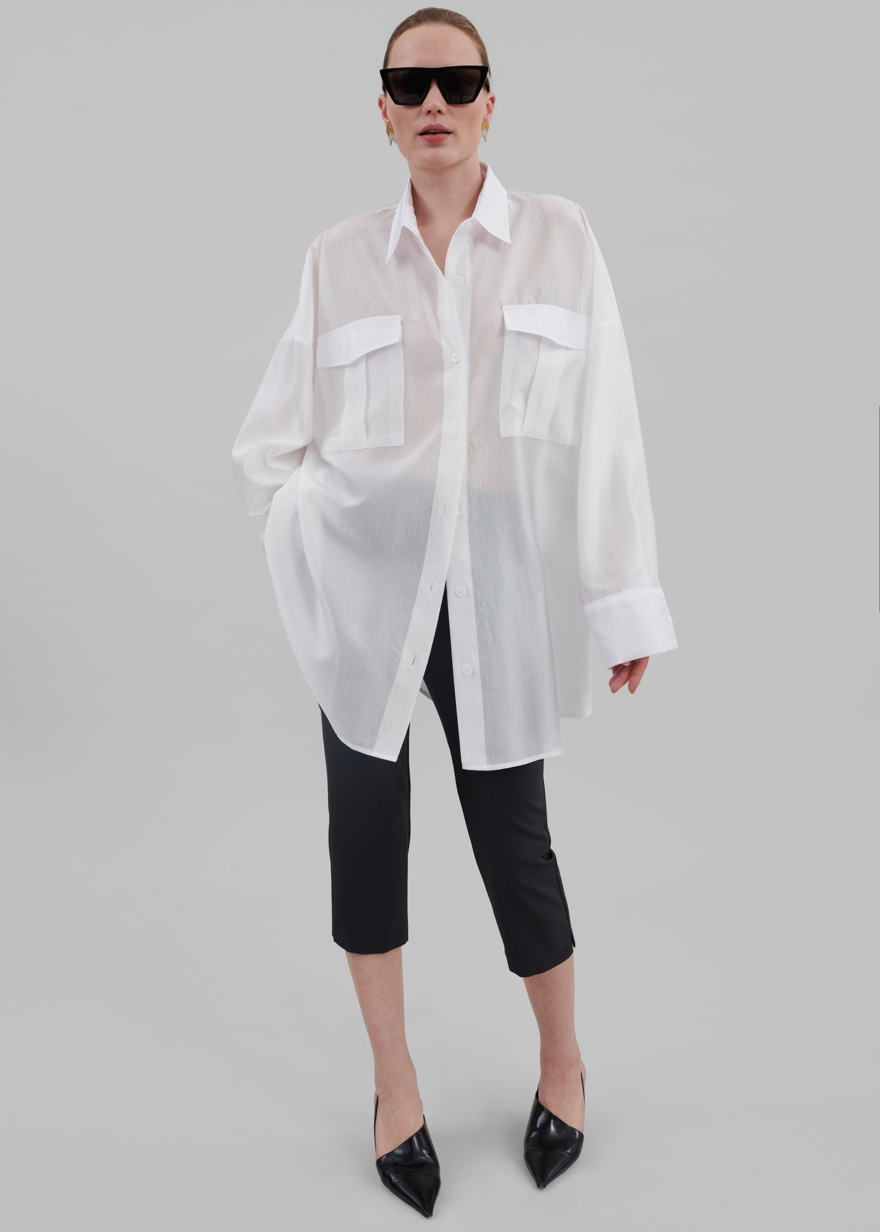 Laure Oversized Sheer Button Up Shirt - White - 2