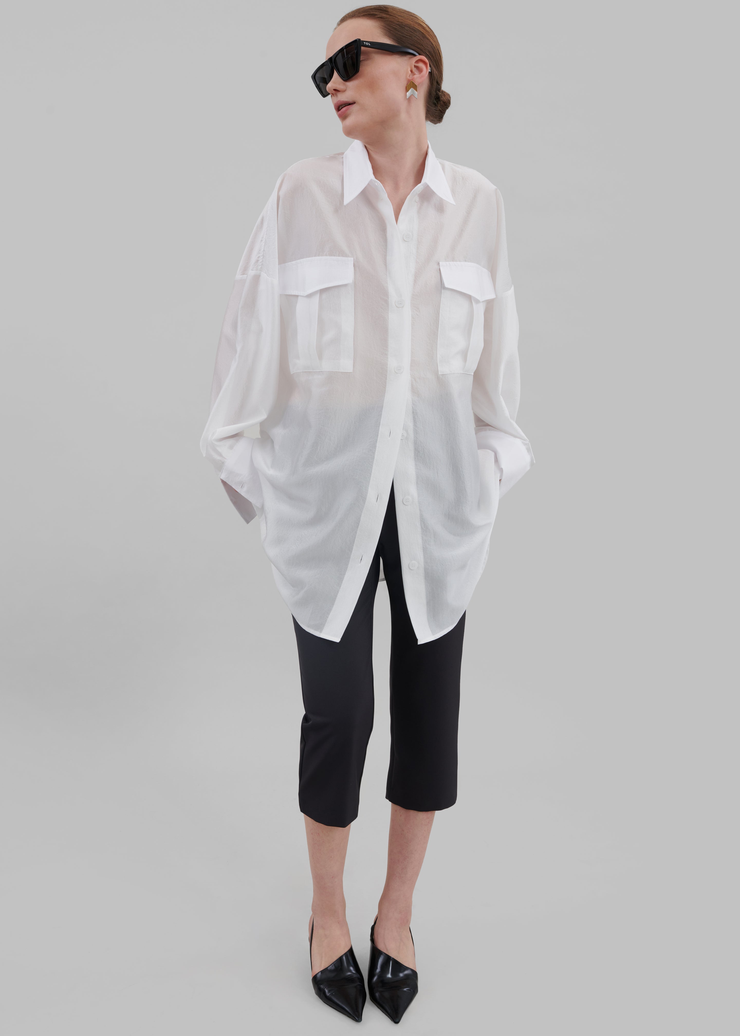 Laure Oversized Sheer Button Up Shirt - White - 4