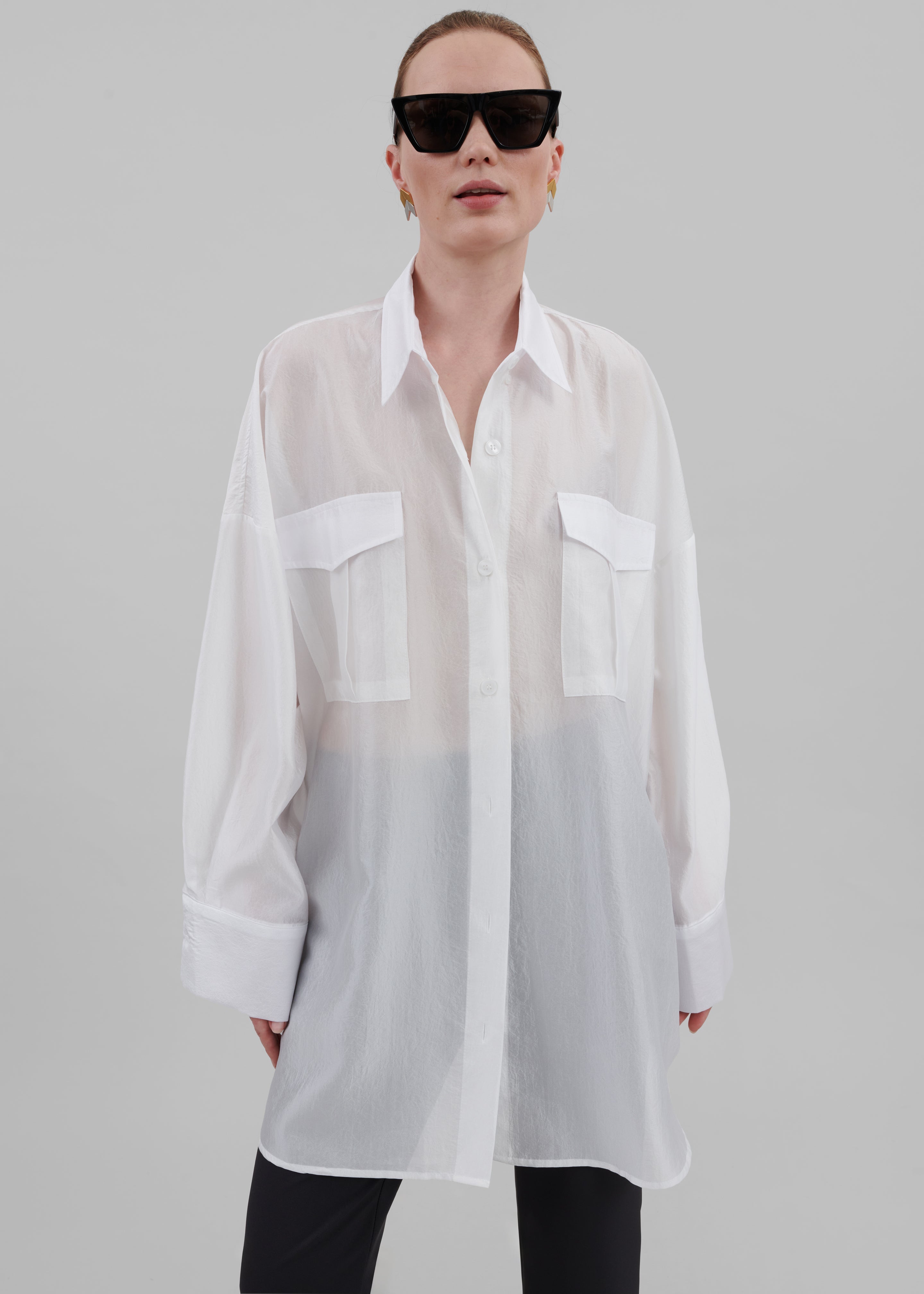 Laure Oversized Sheer Button Up Shirt - White - 9