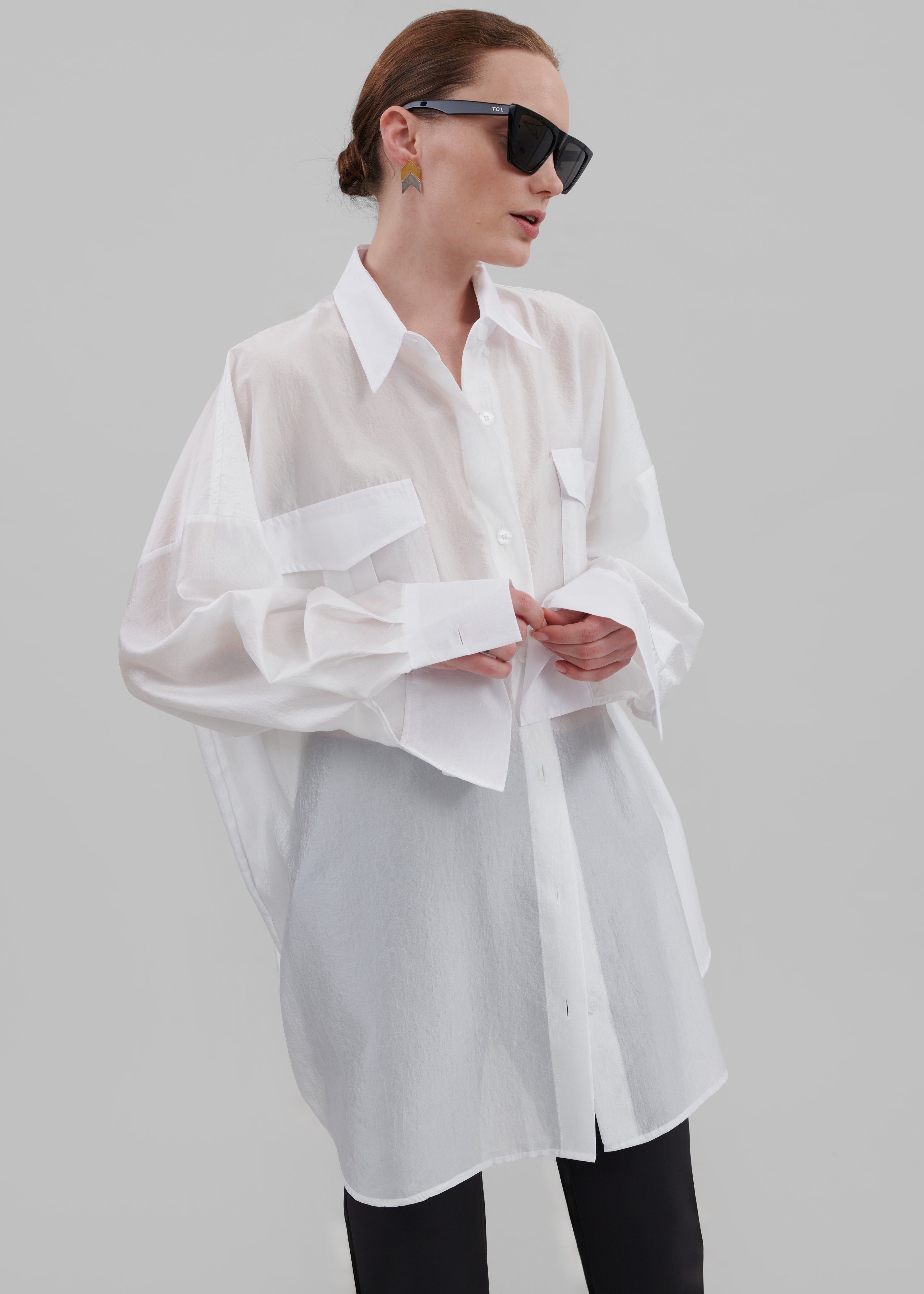 Laure Oversized Sheer Button Up Shirt - White - 8