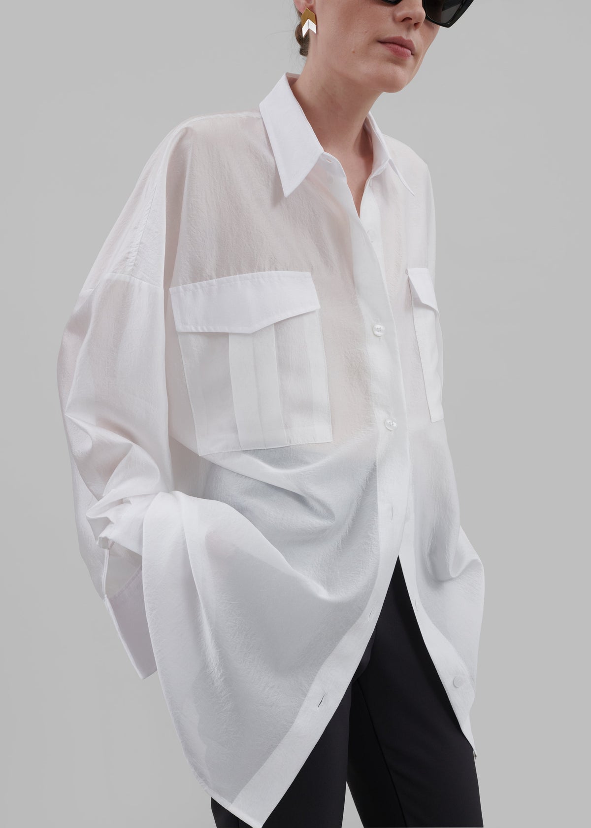 Laure Oversized Sheer Button Up Shirt - White - 3