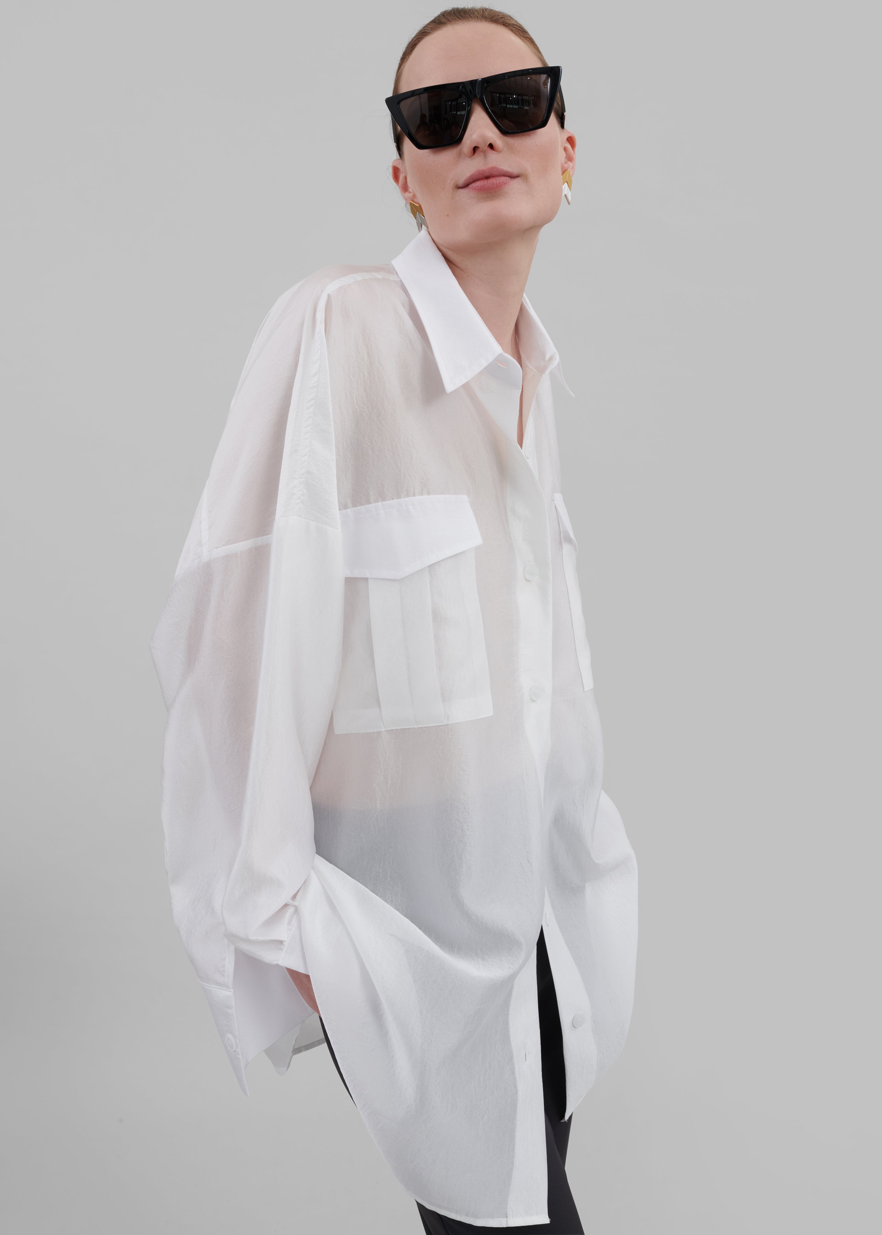 Laure Oversized Sheer Button Up Shirt - White - 1