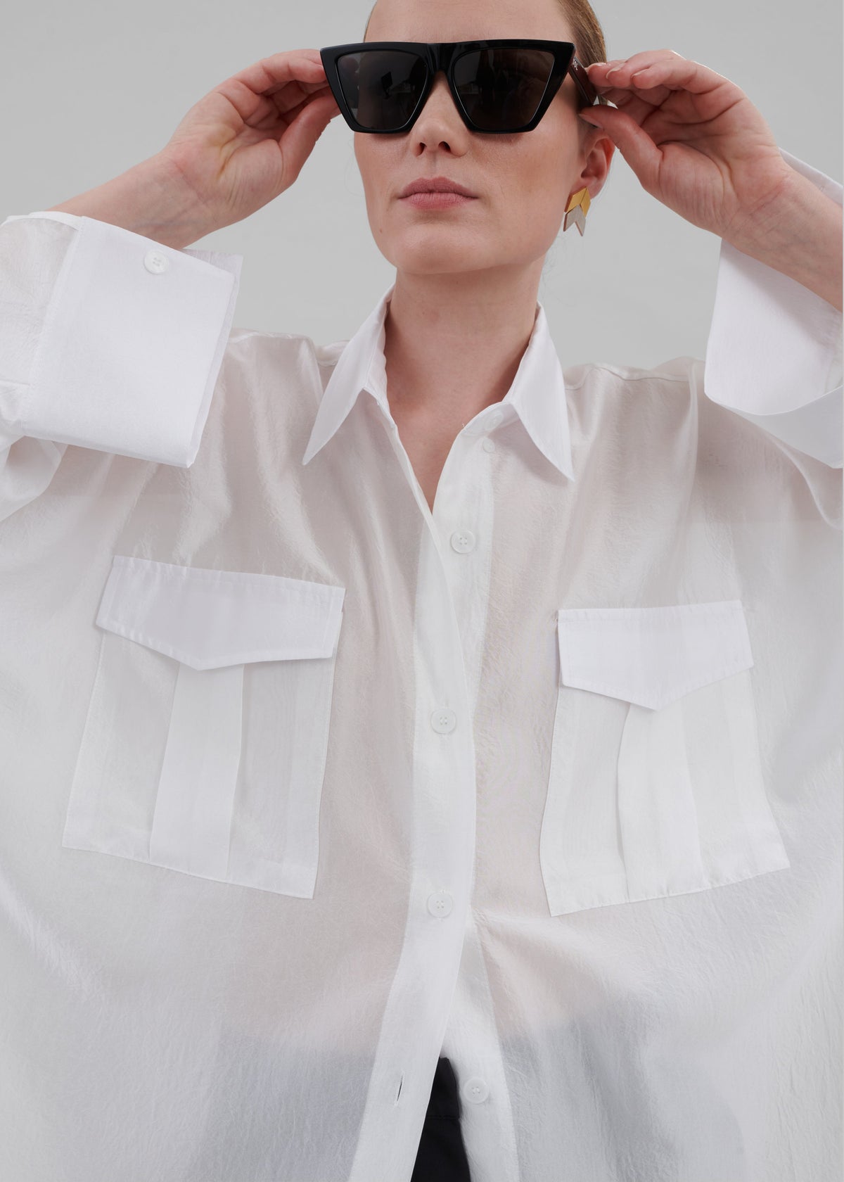 Laure Oversized Sheer Button Up Shirt - White - 5