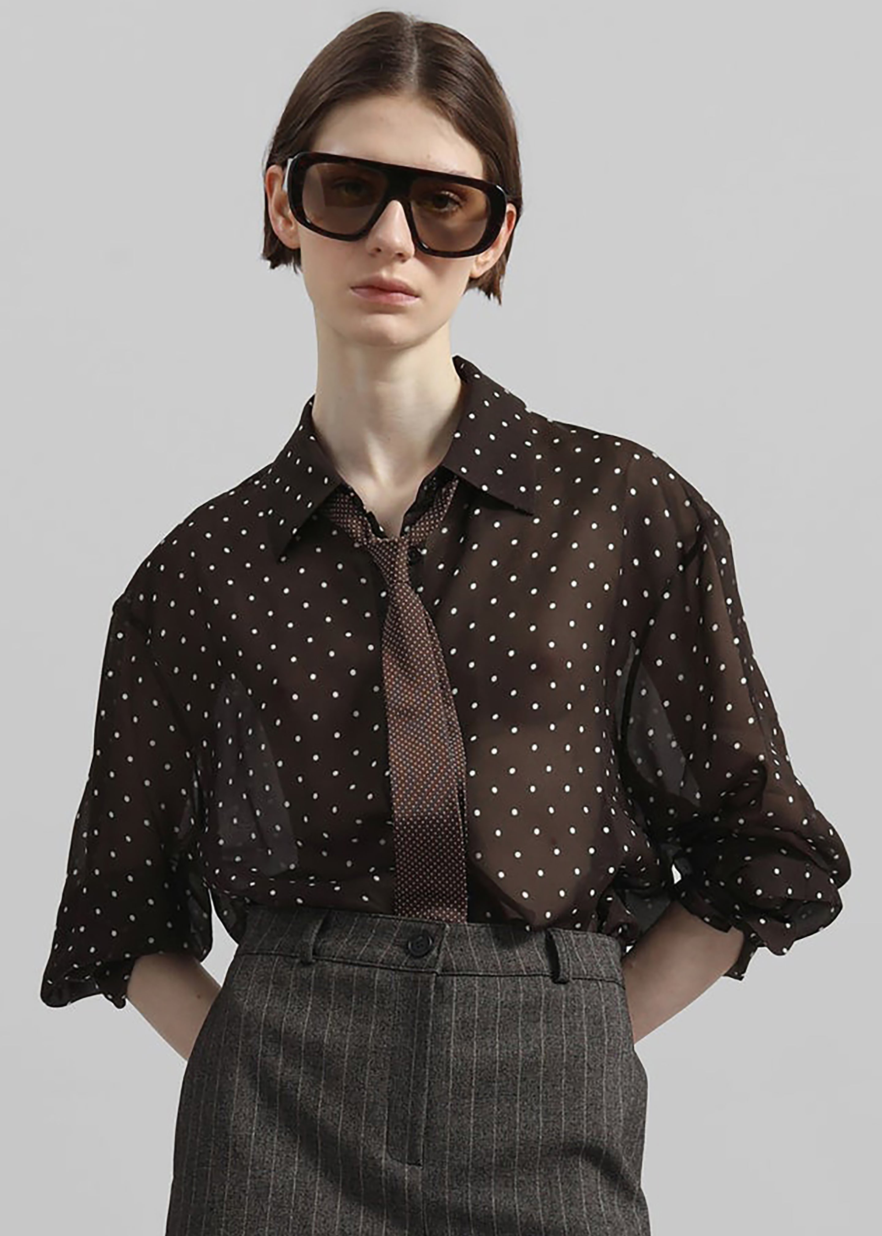 Lene Dotted Jacquard Tie - Brown/White - 1