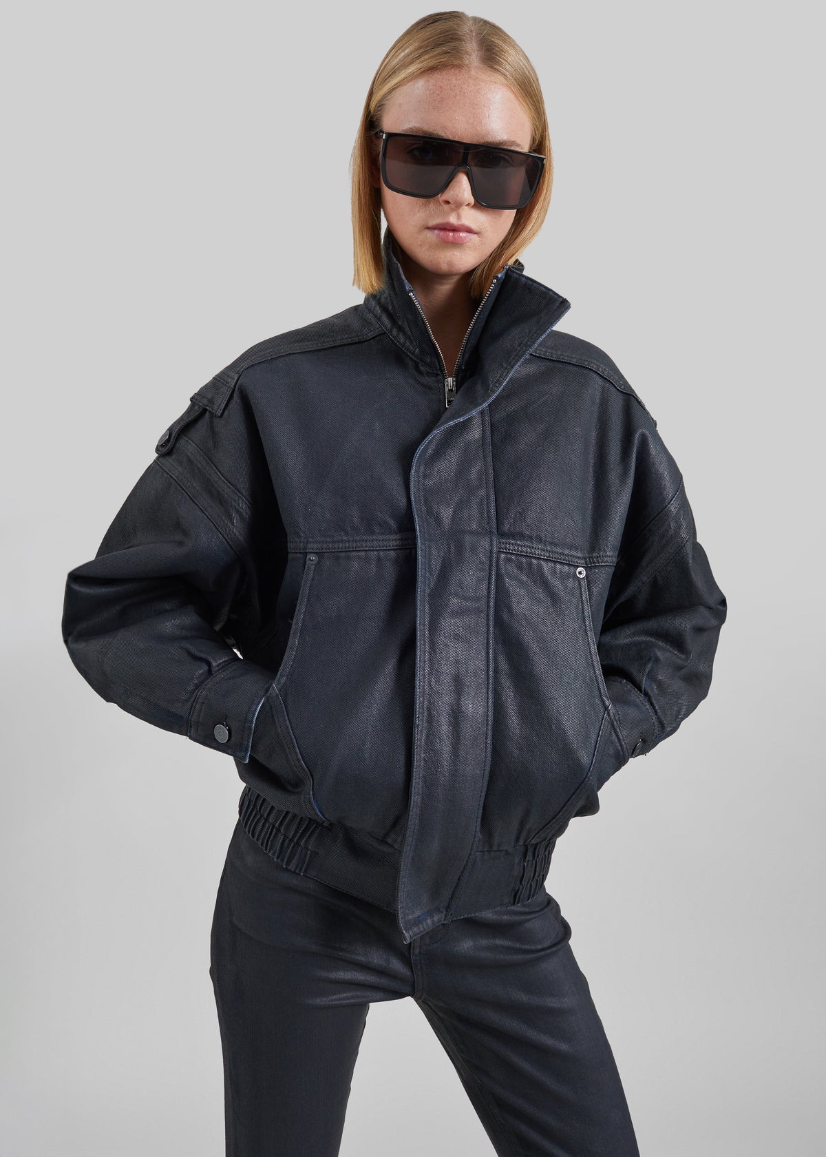 Giacca Lenea in denim spalmato con maniche a pipistrello - Nero
