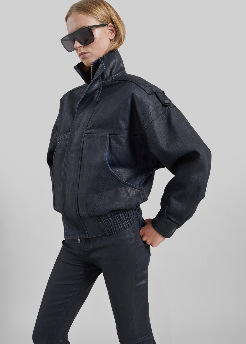 Lenea Coated Denim Batwing Sleeve Jacket - Black