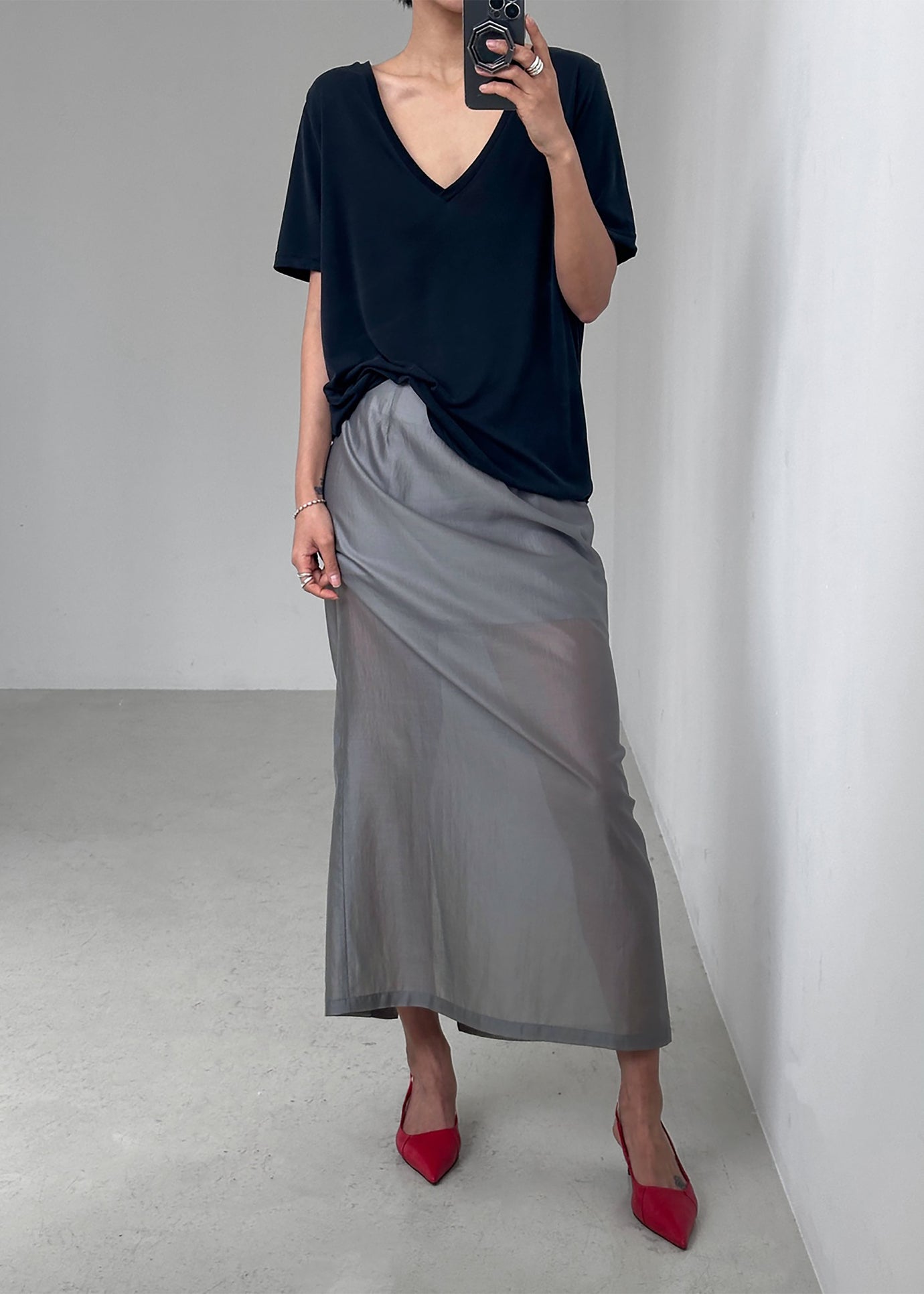 Lenore Semi Sheer Midi Skirt - Grey - 1