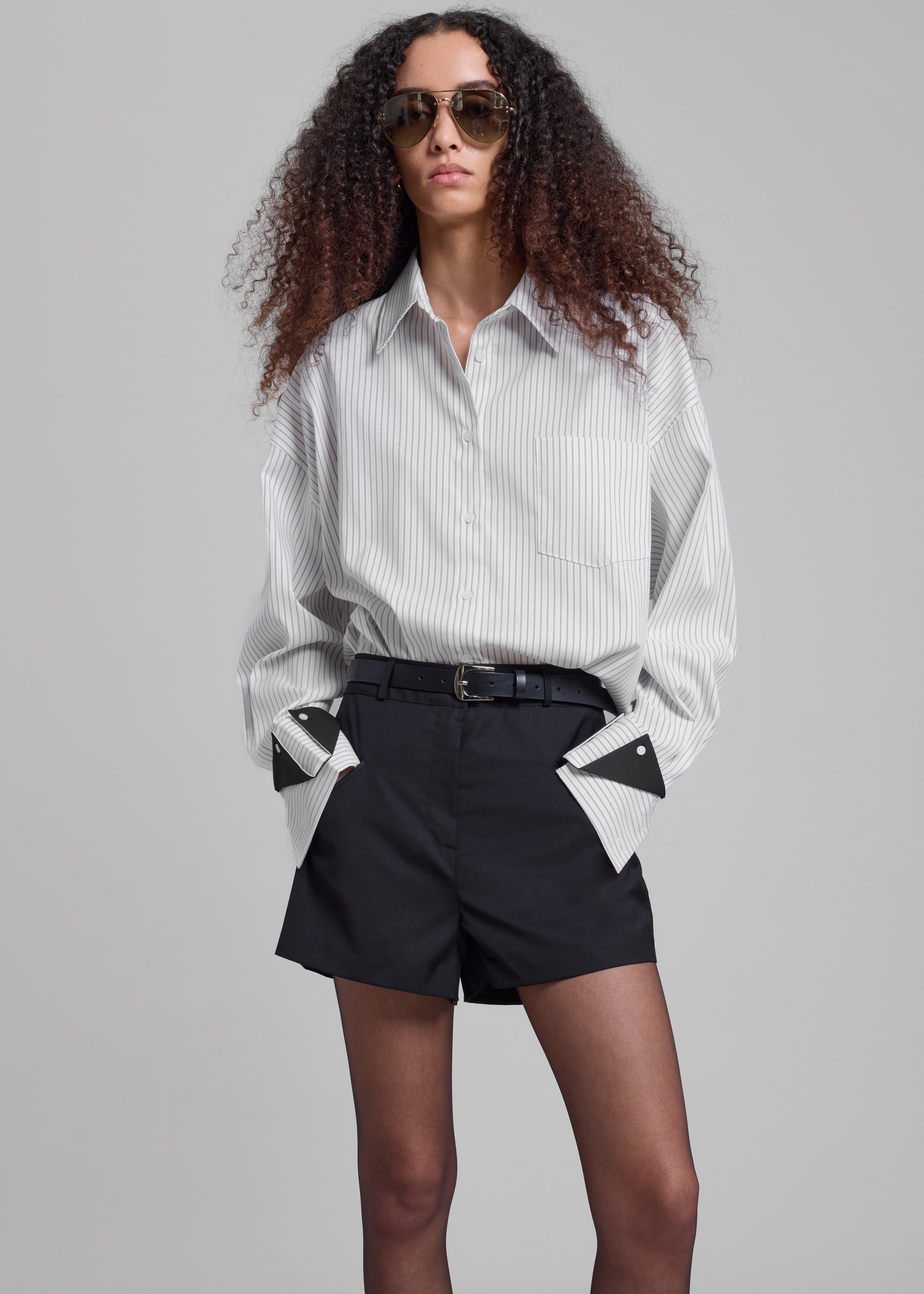 Leona Button Up Shirt - White/Grey Stripe - 8