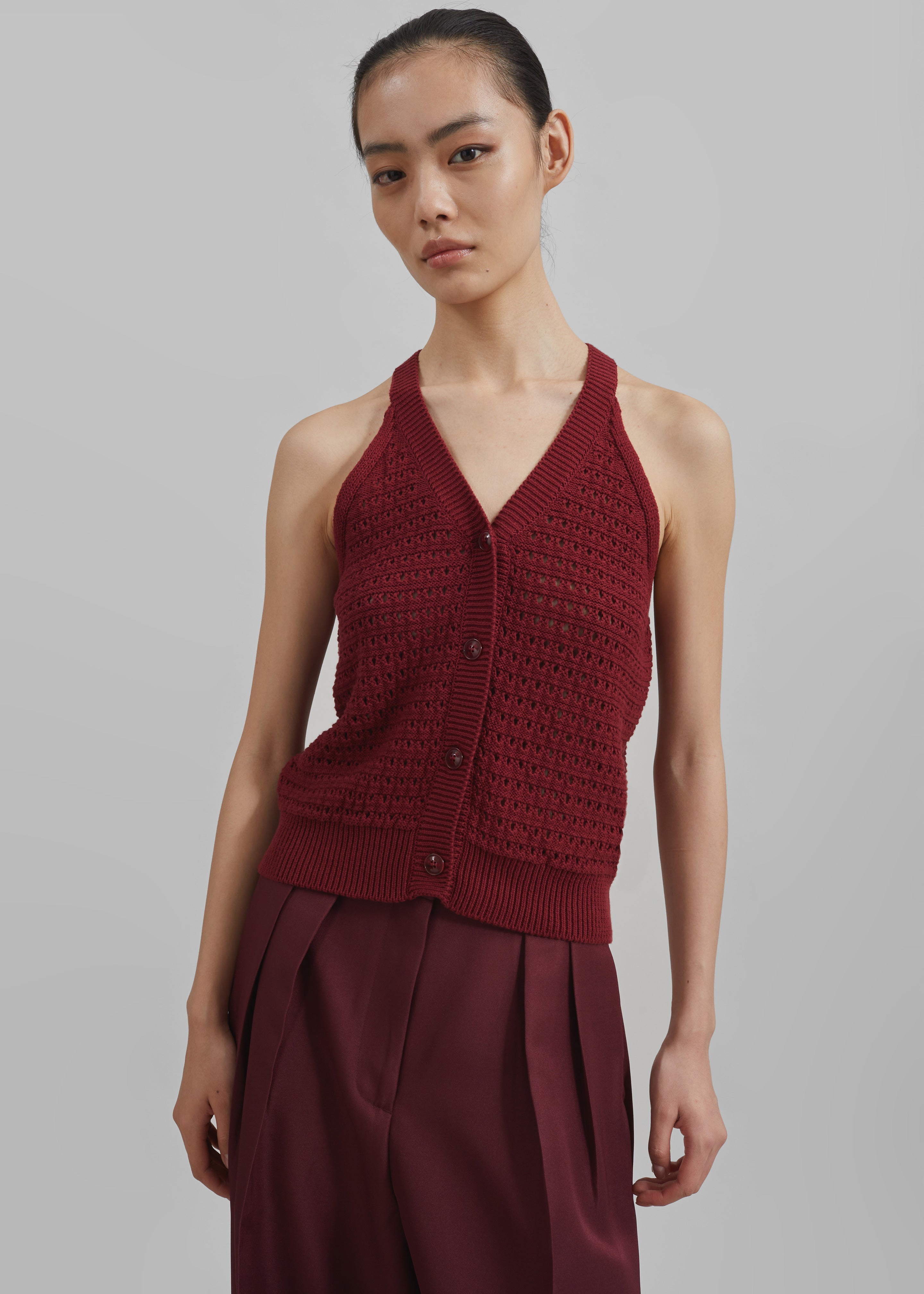 Leonie Knitted Halter Top - Burgundy - 1