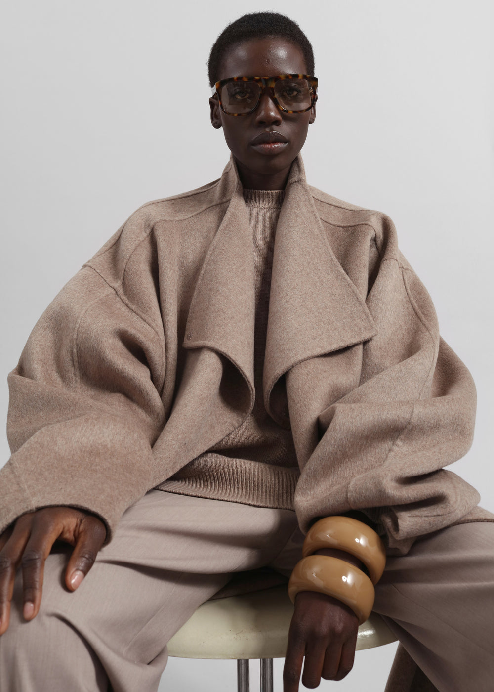 Leroy Funnel Neck Wool Coat - Taupe Melange - 1