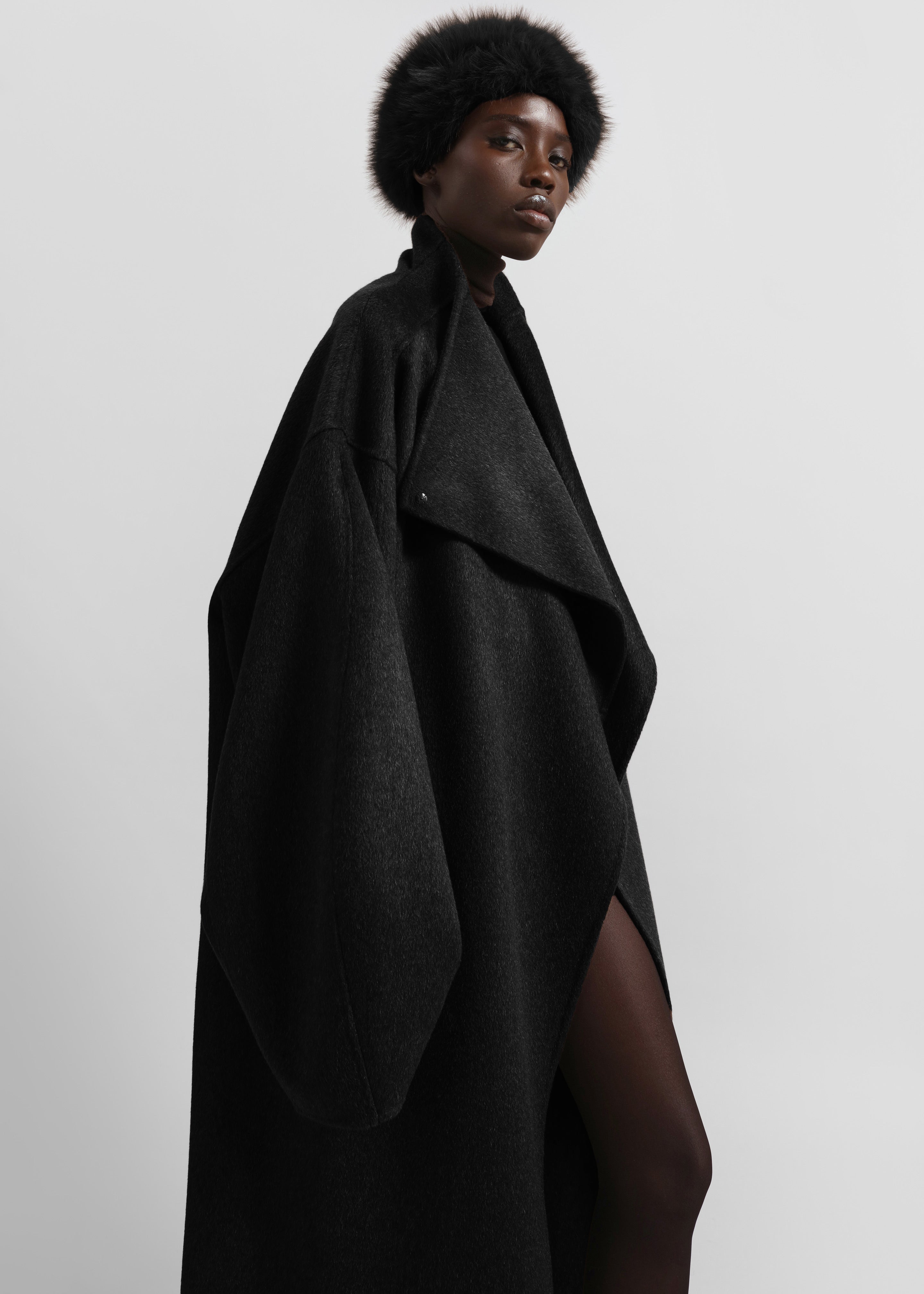 Leroy Funnel Neck Wool Coat - Black - 2