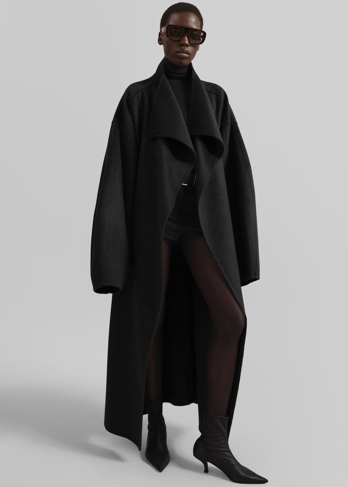 Leroy Funnel Neck Wool Coat - Black - 1