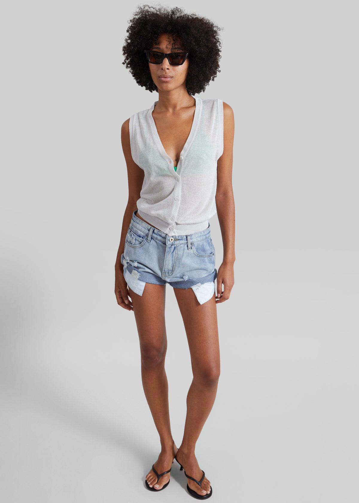 Lesina Sheer Knit Sleeveless Cardigan - Light Grey - 3