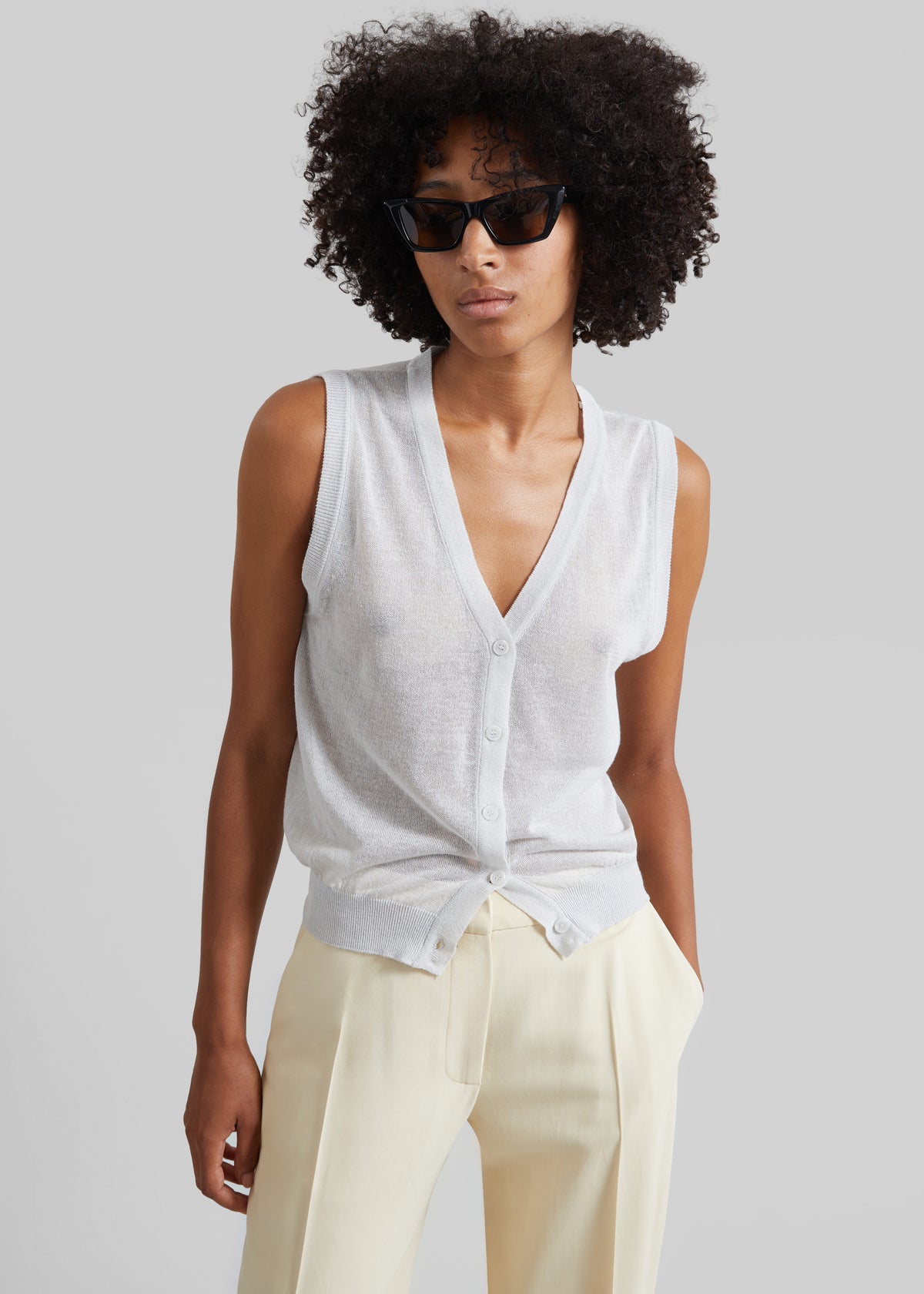 Lesina Sheer Knit Sleeveless Cardigan - Light Grey - 2