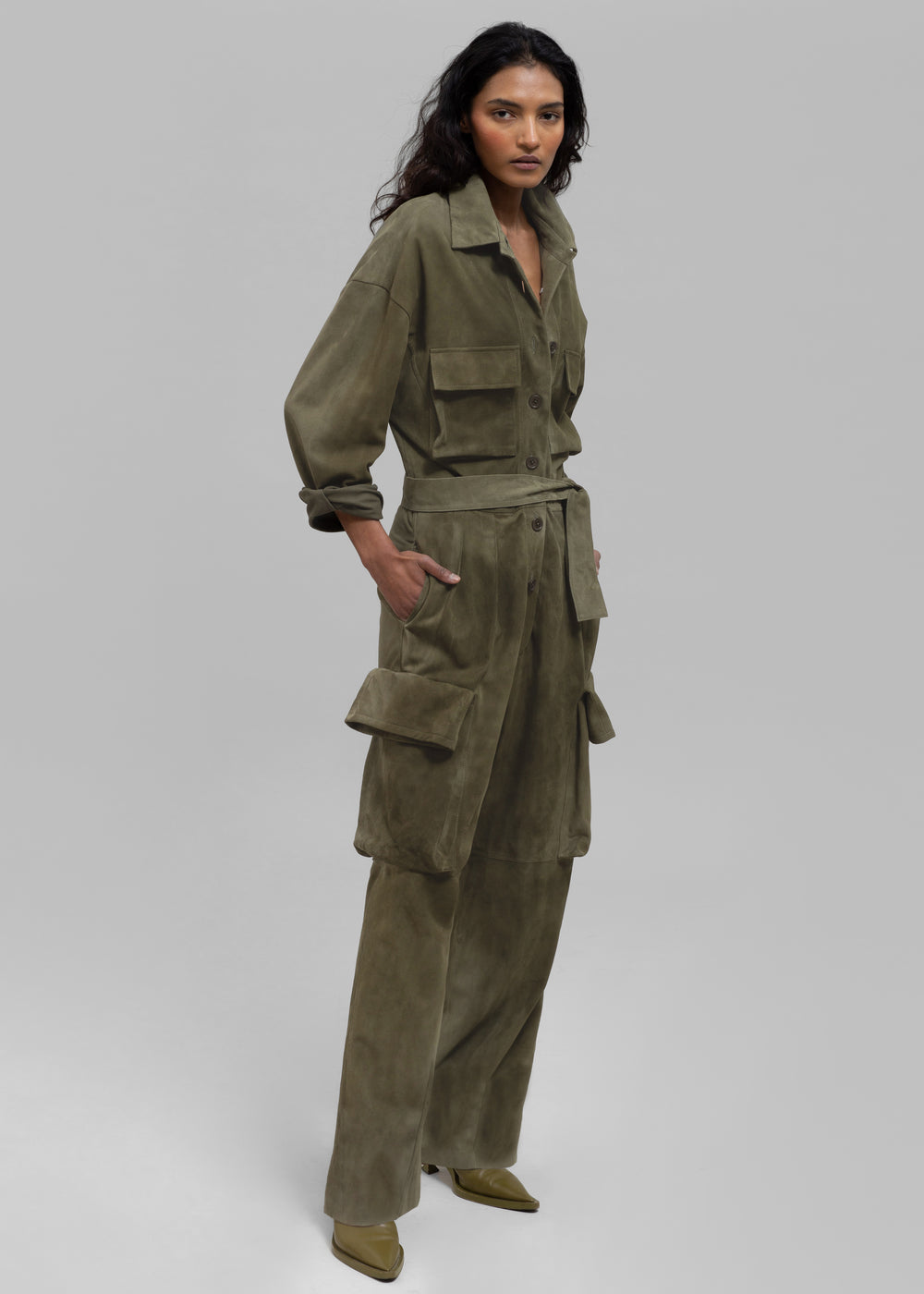 Linda Suede Jumpsuit - Olive