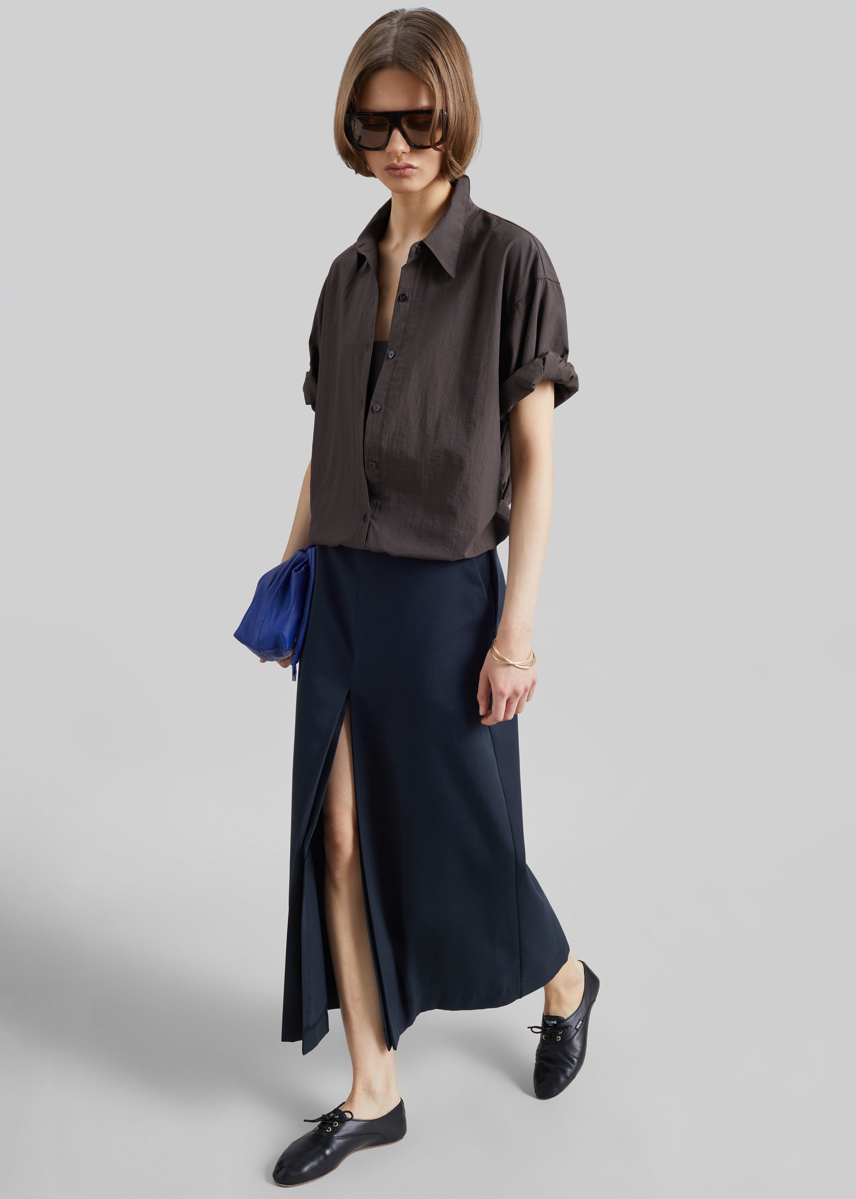 Lisle Front Slit Pencil Skirt - Navy - 1