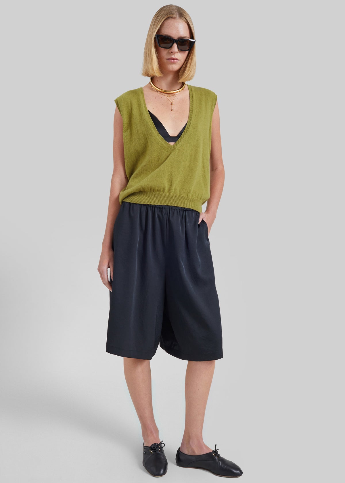 Lizan Deep V Neck Knit Vest - Chartreuse
