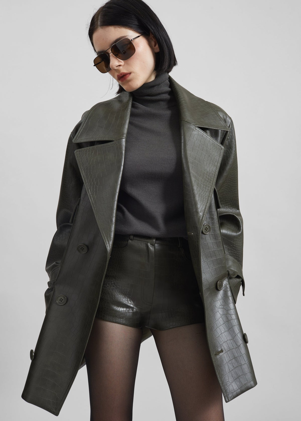 Loen Faux Leather Croc Hot Pants - Dark Olive - 1